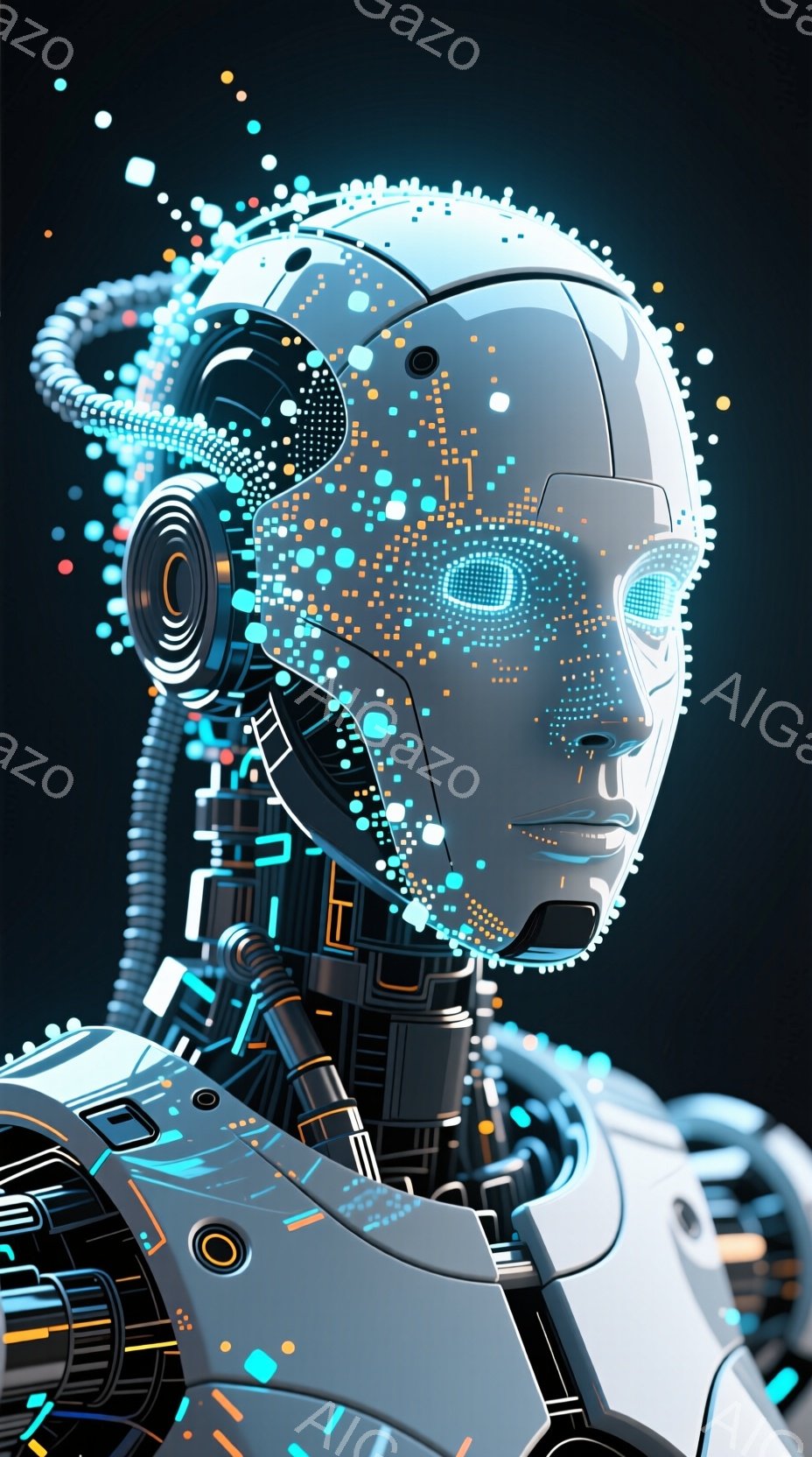 この画像は、未来的なロボットの顔のクローズアップです。ロボットは銀色の金属製の外装を持ち、青い光るラインと点々が複雑な回路パターンを描いています。背景は暗く、光の粒子が散りばめられており、サイバーパン - AI生成フリー素材