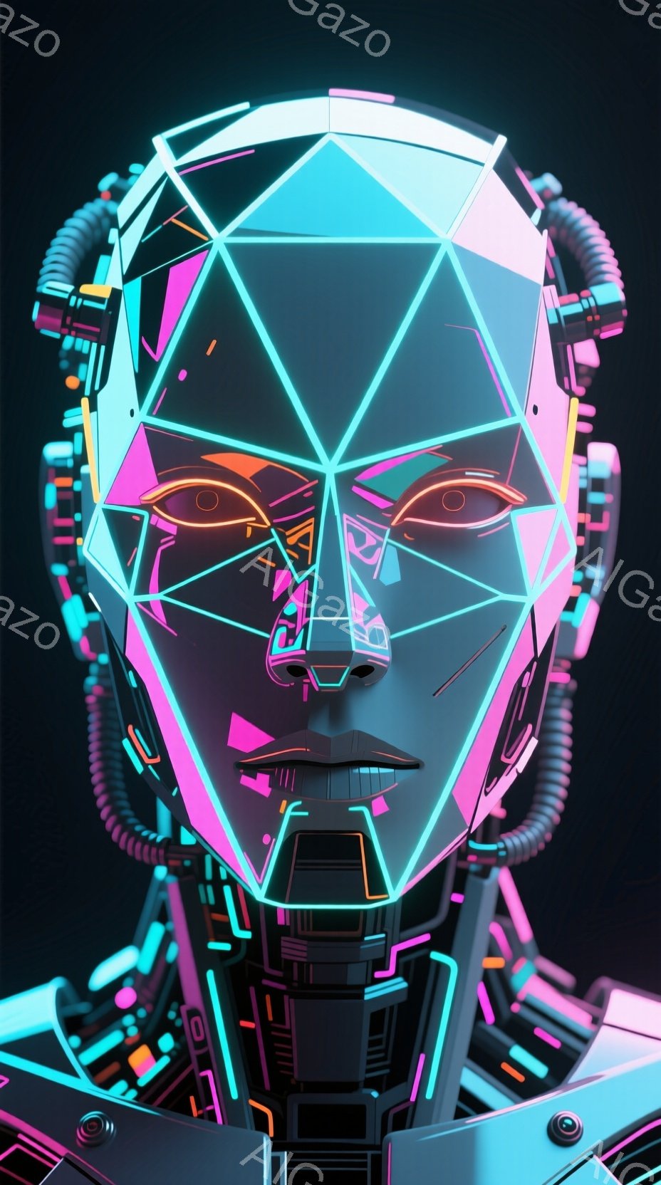 この画像は、未来的なサイボーグの顔のクローズアップです。顔は幾何学的な線と明るいネオンピンクと青の色調で構成されており、非常にスタイリッシュで機械的な印象を与えます。背景は暗く、サイボーグの複雑な構造が際立っています。