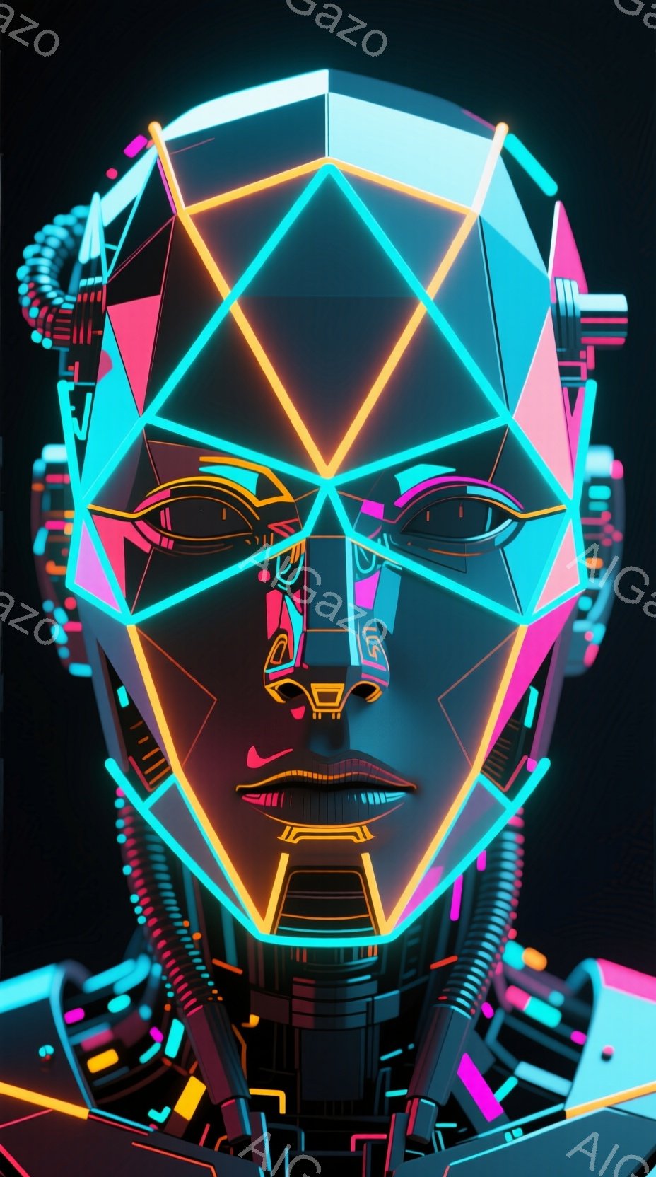 この画像は、ネオンライトで照らされたサイバーパンク風の顔のポートレートです。顔は多角形と線で構成されており、未来的なロボットまたはアバターのような印象を与えます。暗い背景がネオンカラーの輝きを際立たせ - AI生成フリー素材