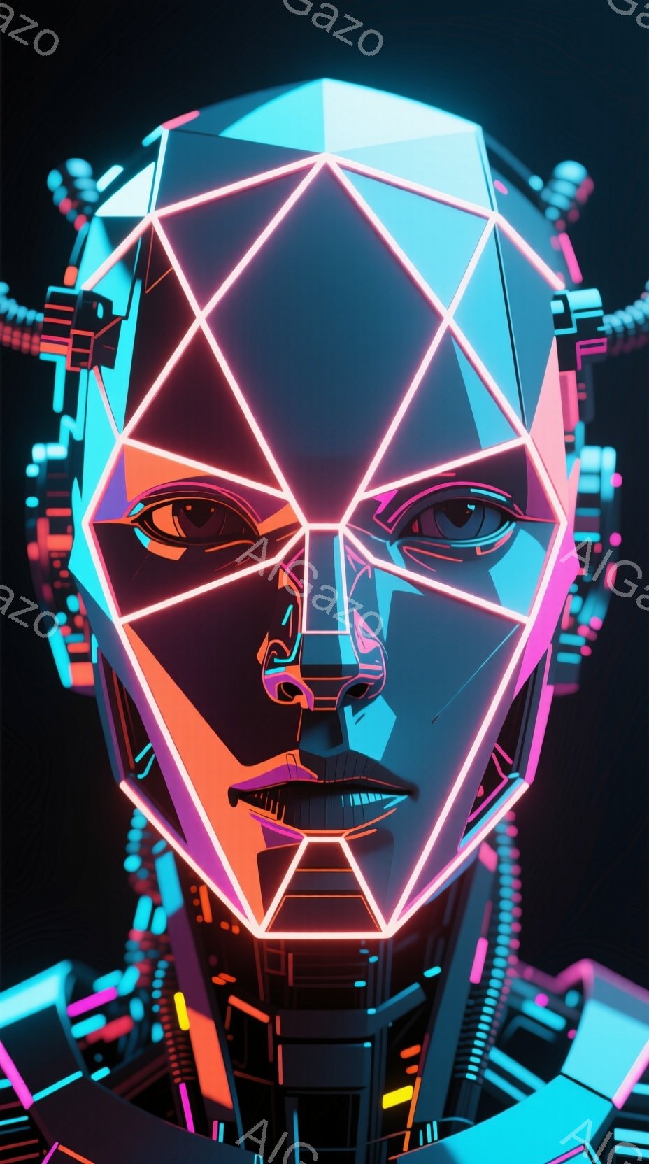 この画像は、未来的なサイバーパンク風の女性の顔のクローズアップです。顔は多角形の線で構成され、ネオンピンクとオレンジ色の光で縁取られています。背景は暗く、複雑なメカニカルなディテールが顔の周りに配置さ - AI生成フリー素材