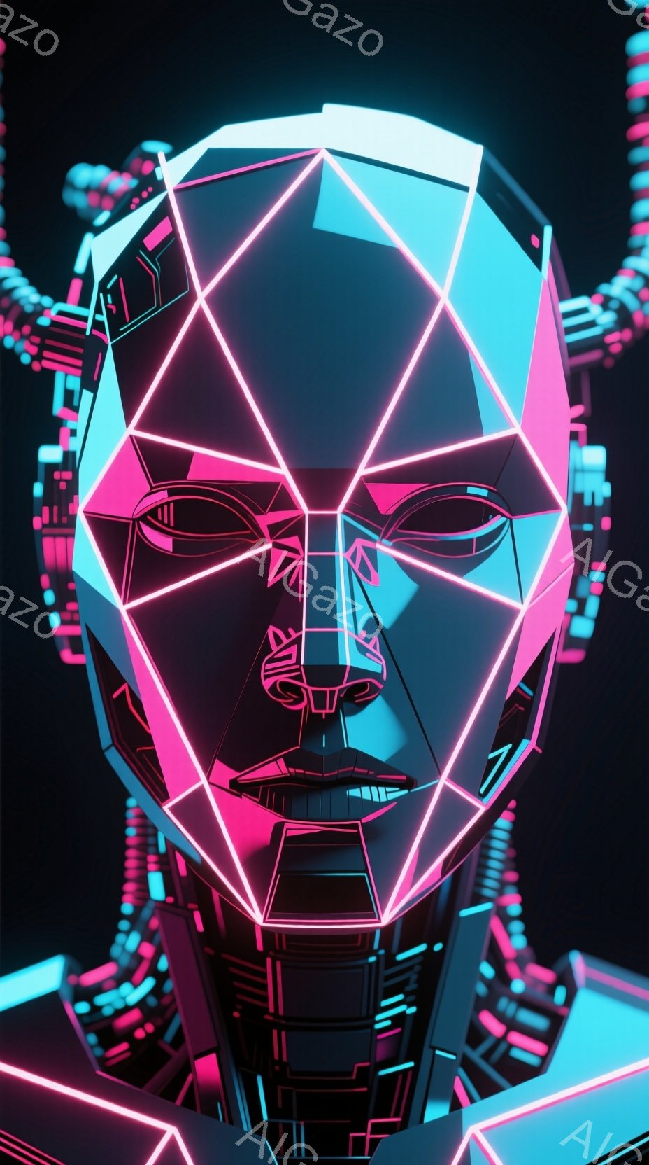 この画像は、発光するネオンピンクと青色の線で構成された未来的な女性の顔のクローズアップです。顔は幾何学的な多面体で構成され、髪の毛は表現されていませんが、首元には複雑なテクノロジー風の装飾が施されています。背景は暗く、顔のラインが際立ち、サイバーパンク的で神秘的な雰囲気を醸し出しています。