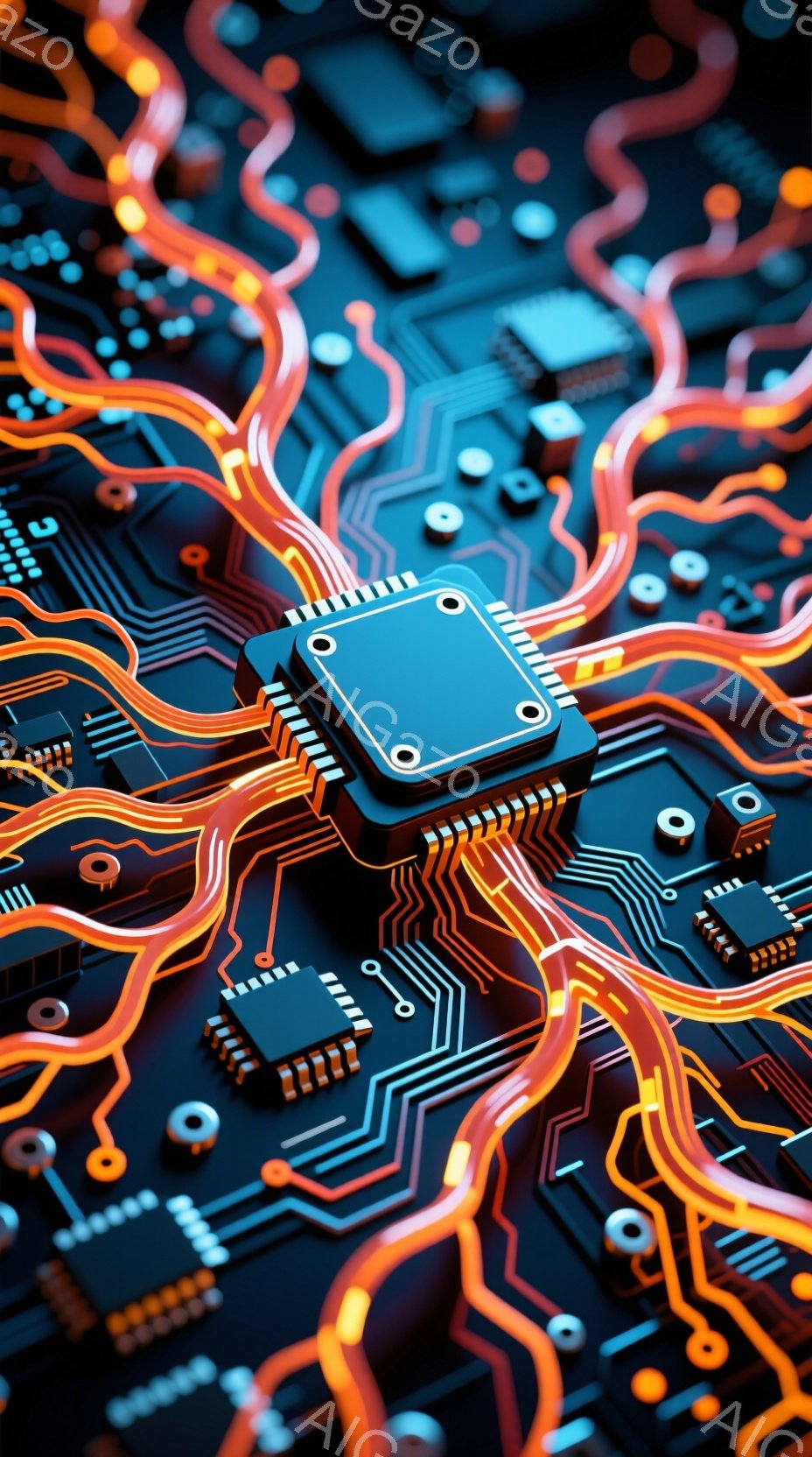 この画像は、複雑な電子回路基板をクローズアップしたものです。鮮やかなオレンジ色の配線が、黒い基板上を網の目のように走り、中央には銀色のICチップが配置されています。全体的に未来的な雰囲気で、技術的な精密さを強調しています。