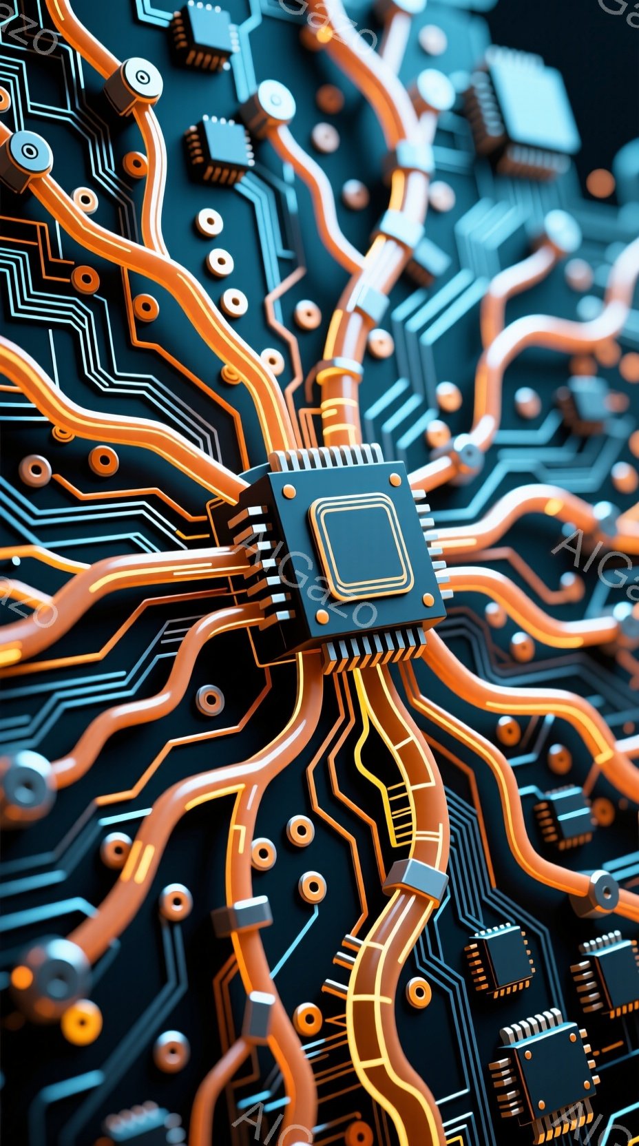 この画像は、複雑な回路基板をクローズアップしたものです。オレンジ色の配線が黒い背景の上を蛇行し、小さな丸い金属部品や様々な電子部品が配置されています。鮮やかな色彩と緻密なデザインが、ハイテクで未来的な印象を与えます。