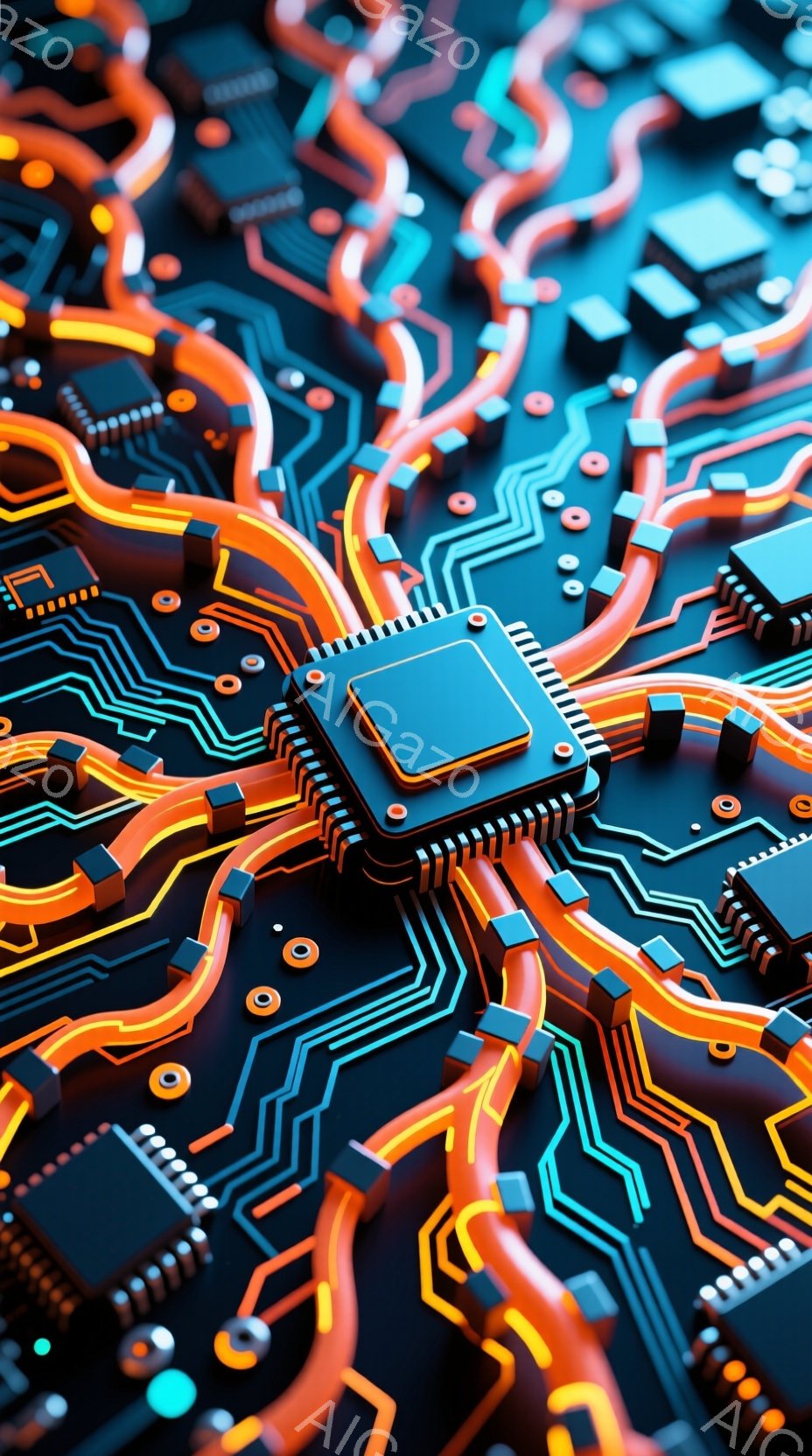 この画像は、鮮やかなオレンジ色の配線が複雑に絡み合った回路基板のクローズアップです。青色の基板上に、様々な電子部品が配置されており、全体的に未来的でテクノロジー感あふれる印象を与えます。光沢のある質感 - AI生成フリー素材