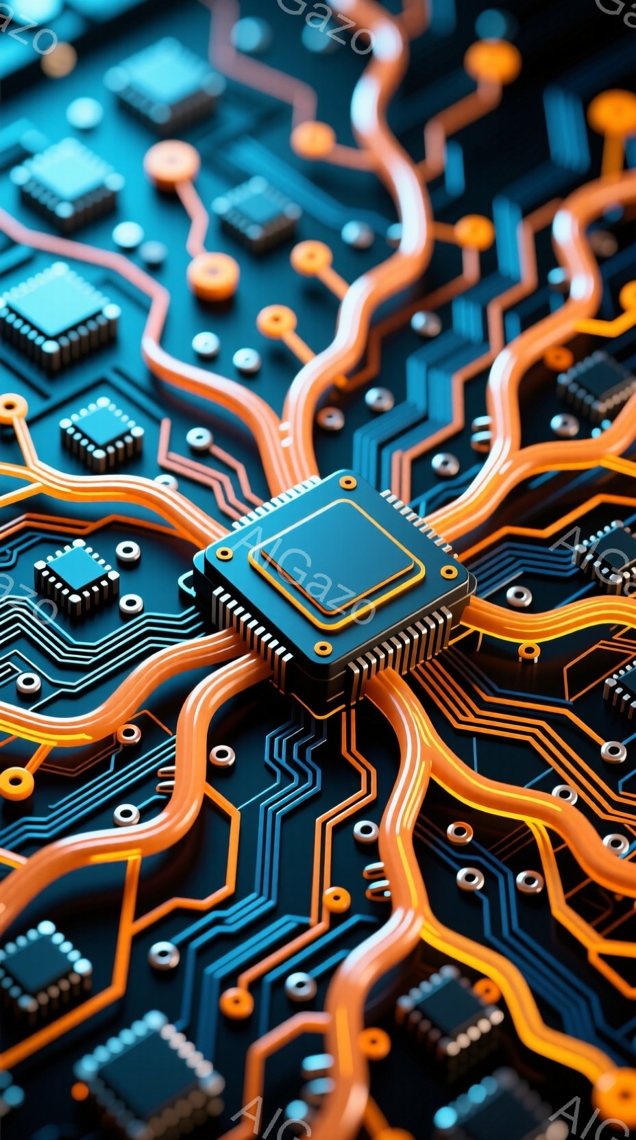 この画像は、複雑な電子回路基板をクローズアップしたものです。鮮やかなオレンジ色の配線が、黒色の基板上を複雑に走り、さまざまな電子部品が整然と配置されています。全体的に未来的な雰囲気で、高度な技術を連想させる鮮やかなデザインです。
