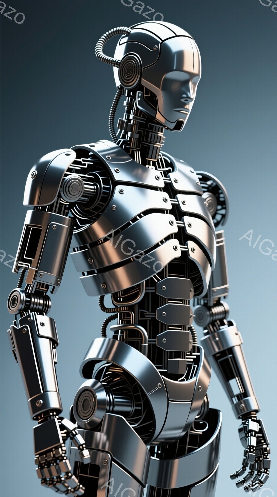 非常に詳細な金属製のロボットが写っている。その体は複雑な配管と機械的な構造で構成されており、未来的な装甲を身に着けている。背景は均一なグレーで、ロボットの金属的な質感と複雑な構造を際立たせている。
