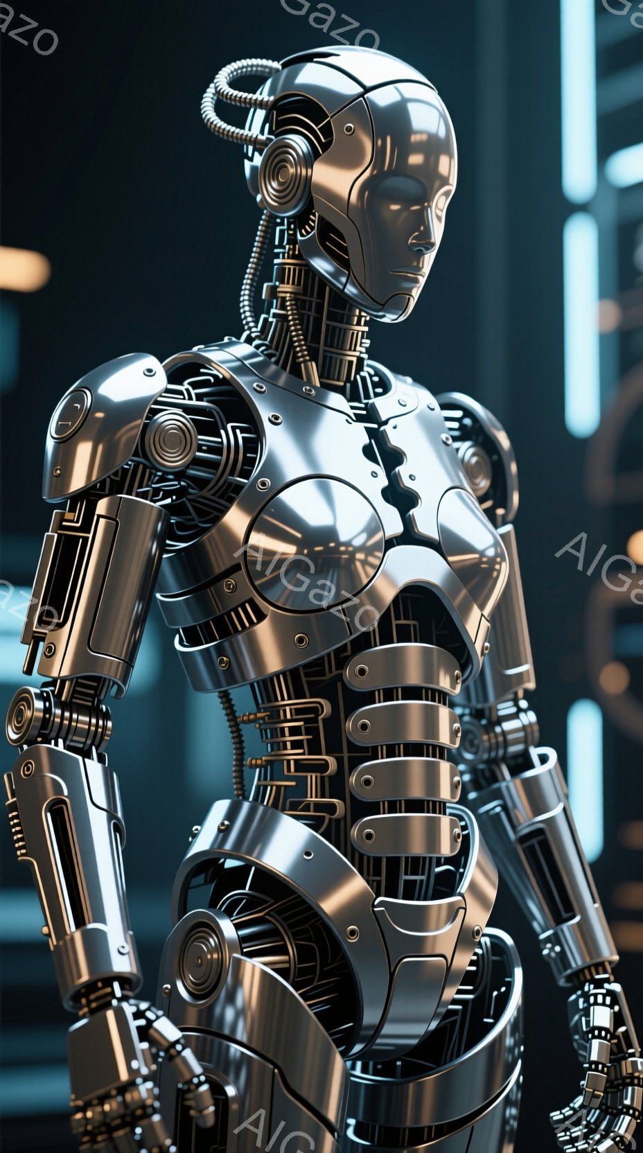 この画像は、未来的なロボットの胸から上を捉えたものです。ロボットは光沢のある金属製の装甲で覆われており、複雑な配線や機械的なディテールが組み込まれています。背景は暗く、ぼやけた光が点在しており、近未来 - AI生成フリー素材