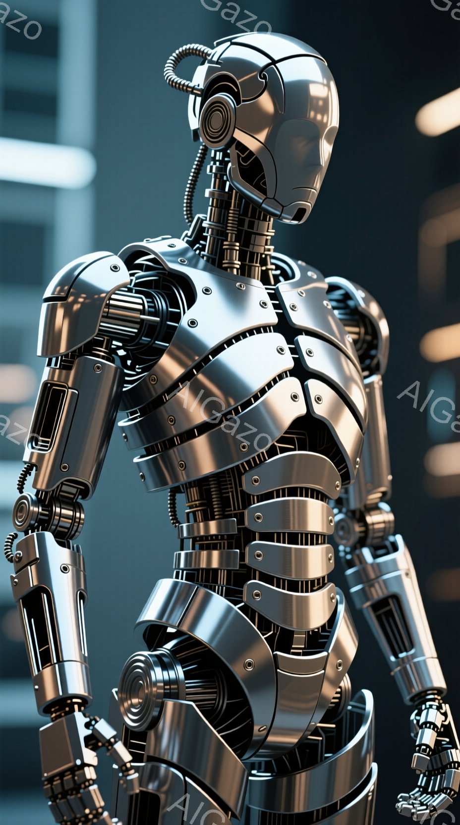 この画像は、金属製の複雑な構造を持つ人型のロボットの胸から上部のクローズアップです。ロボットは未来的なデザインで、多くの配線や関節が露出しており、緻密なメカニズムが強調されています。背景にはぼやけた建物が見え、室内のような環境であることを示唆しています。