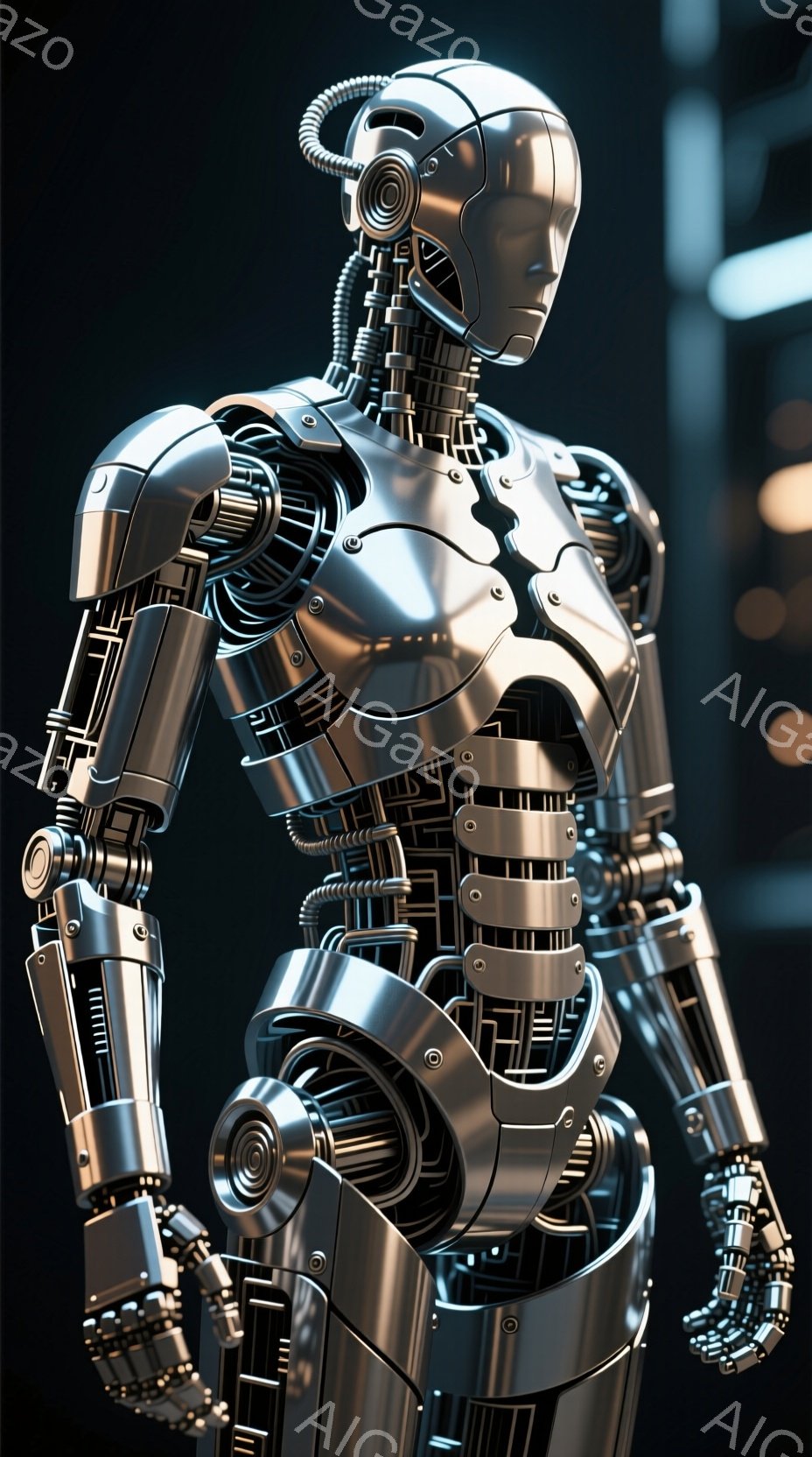 複雑なメカニカル構造を持つ、未来的なロボットが描かれています。全身が金属製のプレートと配線で構成され、透明な胸部からは内部構造が透けて見えます。背景は暗く、ぼやけた光が差し込み、ロボットの金属的な質感 - AI生成フリー素材