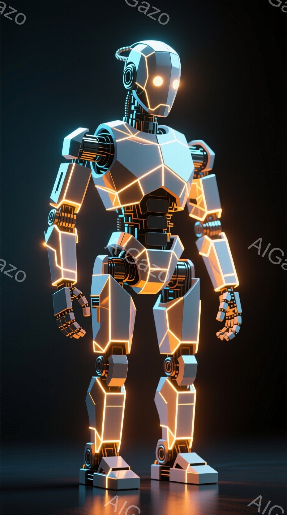 この画像には、発光するオレンジ色のラインが走った、未来的なロボットが描かれています。ロボットは幾何学的な形状で構成され、関節部分は可動するように設計されているようです。背景は暗く、ロボットが発する光が - AI生成フリー素材