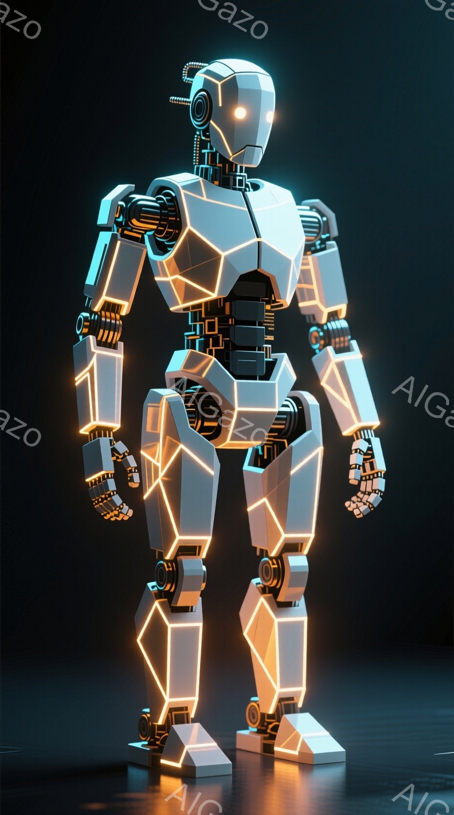 この画像は、未来的なロボットの全身像を描いています。ロボットは白を基調とした幾何学的なデザインで、明るいオレンジ色のラインが体の輪郭を強調しています。背景は暗く、ロボットがスポットライトを浴びているような印象を与え、近未来的な雰囲気を醸し出しています。