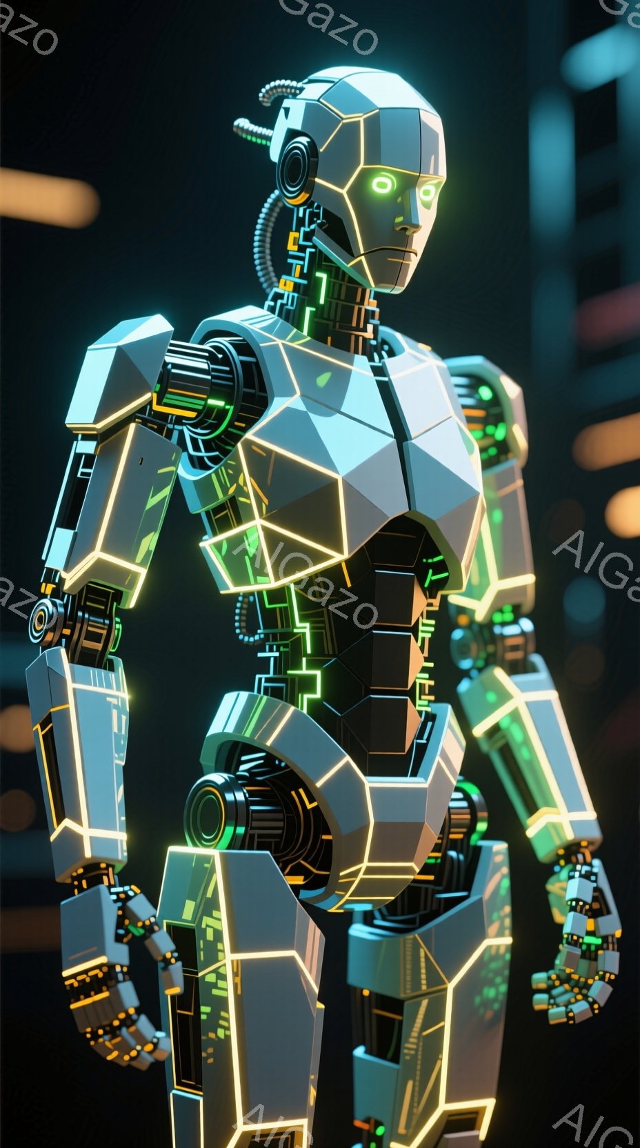 この画像は未来的なロボットを描いており、白と黒を基調とした幾何学的な装甲が特徴的です。全身に光るネオンラインが走り、機械的な美しさを強調しています。背景は暗く、ぼやけた光の筋が未来都市の雰囲気を醸し出しています。