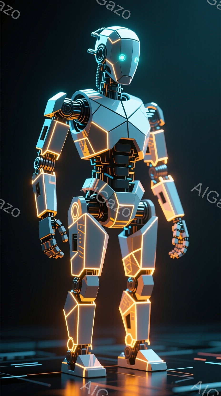 未来的なロボットが、発光するオレンジ色のラインで装飾された、幾何学的な白いボディで立っている。そのポーズは正面を向き、片手はわずかに握りしめられ、もう片手は小さな赤い球体を握っている。背景は暗いグレーの床で、わずかに光る線が散りばめられており、近未来的な雰囲気を作り出している。