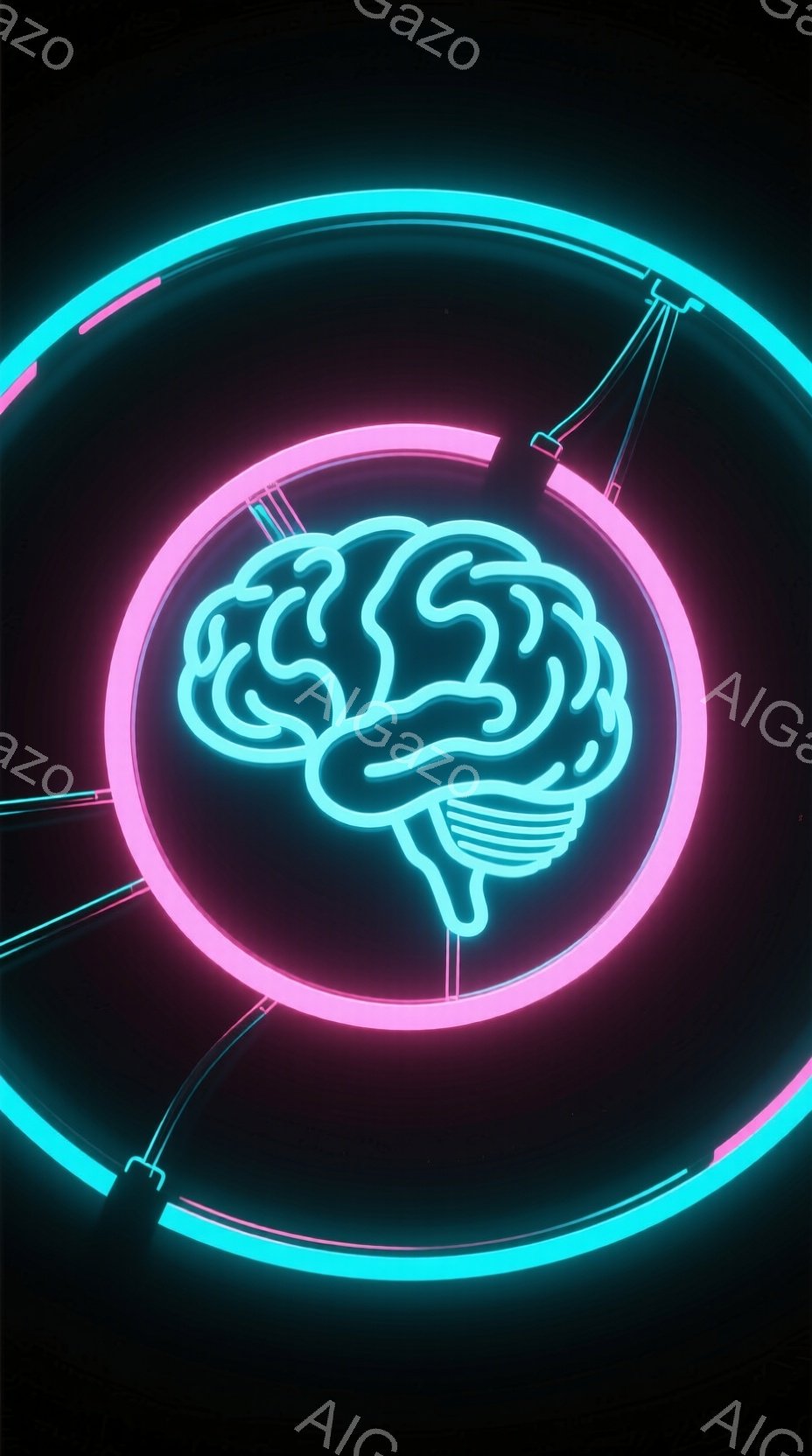 鮮やかなネオンピンクとターコイズブルーの光で構成された脳のイラストが描かれています。脳は複雑な皺が表現されており、ターコイズブルーの円形の中にピンク色の輪郭で浮かび上がっています。背景は暗く、円状の光が放射状に広がっており、未来的な雰囲気を作り出しています。