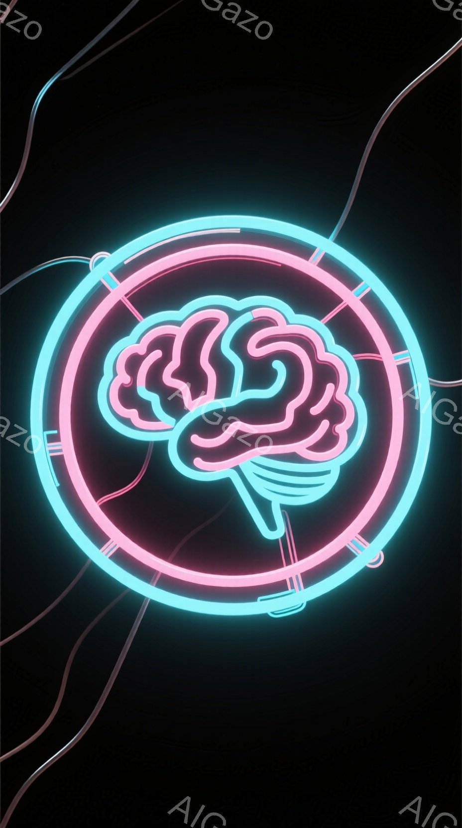 暗い背景に、ネオンライトで描かれた脳のイラストが円形の枠の中にあります。脳はピンクと青のグラデーションで光り、鮮やかな印象を与えます。円状の枠も青色のネオンライトで描かれており、未来的な雰囲気を醸し出しています。
