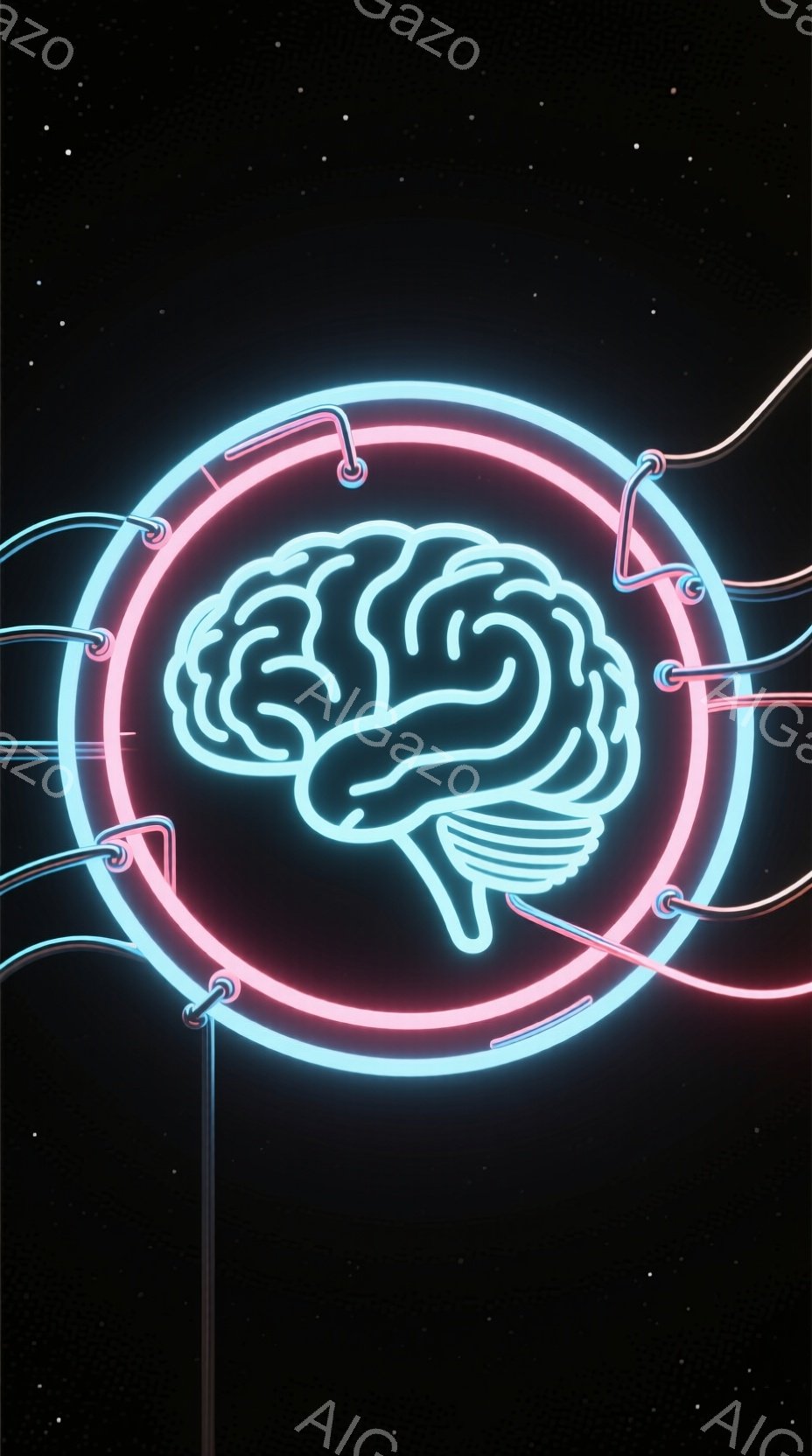 鮮やかなネオンライトで描かれた脳のイラストが、黒い背景に浮かび上がっています。脳は水色の外枠とピンク色の内枠で囲まれ、まるで回路のように複数の光の線が脳から放射状に伸びています。全体的に未来的で、テク - AI生成フリー素材