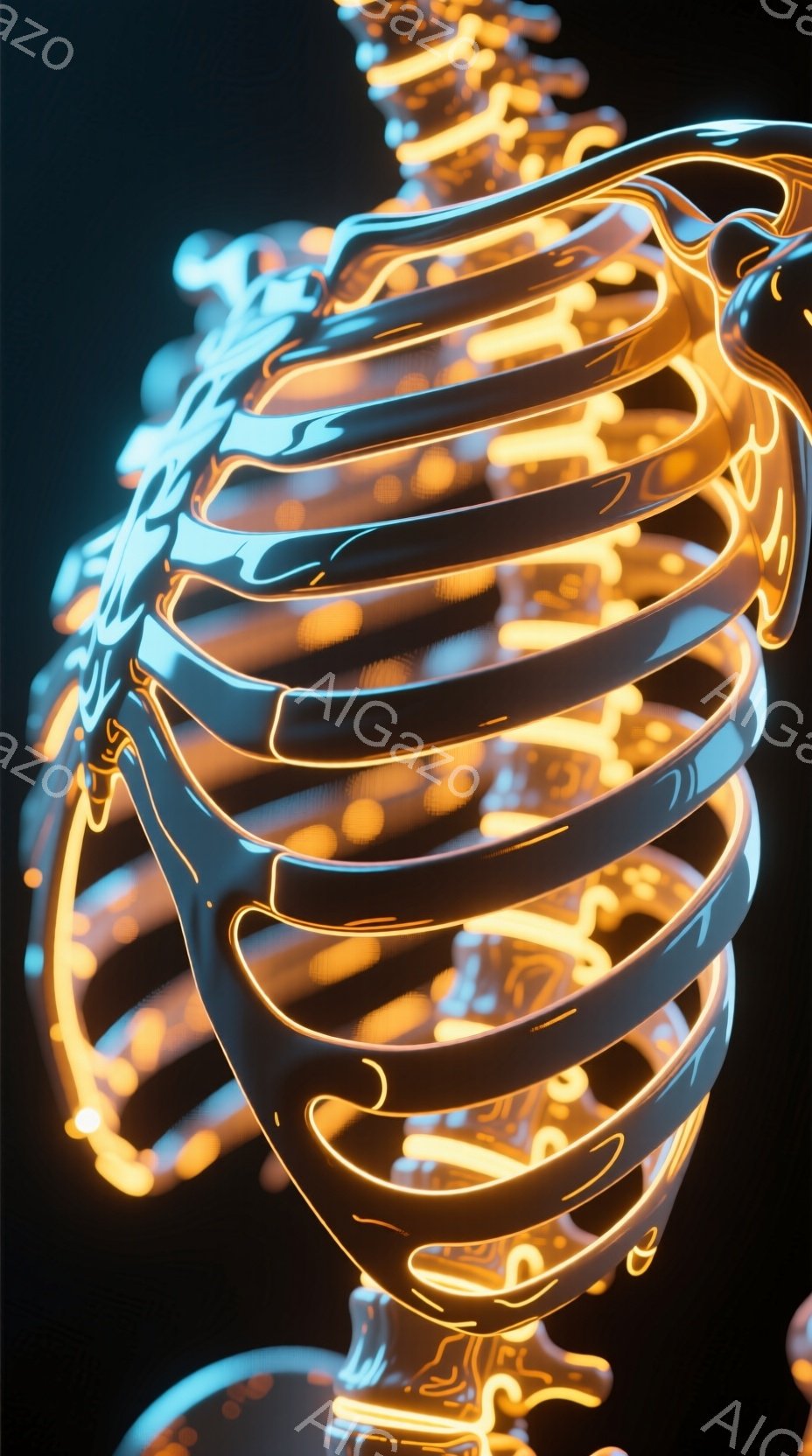 光る線で構成された脊椎と肋骨の一部が、黒い背景に浮かび上がっています。線は鮮やかなオレンジ色で、未来的な雰囲気を醸し出し、まるで体内から発光しているかのようです。人体構造の美しさと、テクノロジーが融合したような、不思議な印象を与えます。