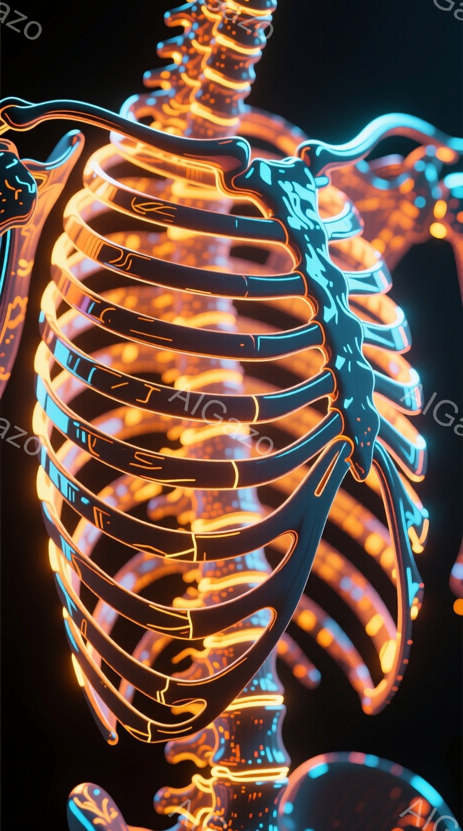 この画像は、発光する骨格の胸郭と脊椎の一部を捉えたクローズアップショットです。鮮やかなオレンジと青のネオンライトが、骨の構造を強調し、未来的な雰囲気を醸し出しています。暗い背景は発光する骨格を際立たせ - AI生成フリー素材