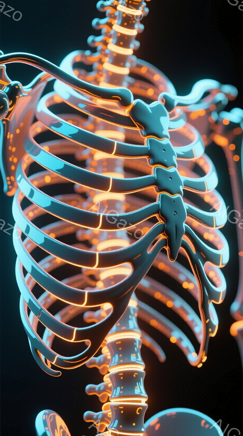 鮮やかなネオンカラーで描かれた人体骨格が、暗い背景に浮かび上がっています。肋骨と背骨がオレンジ色の光で照らされ、まるで内側から発光しているかのような印象を与えます。全体的に未来的でサイバーパンクな雰囲気を醸し出し、身体の内部構造を強調した芸術作品です。