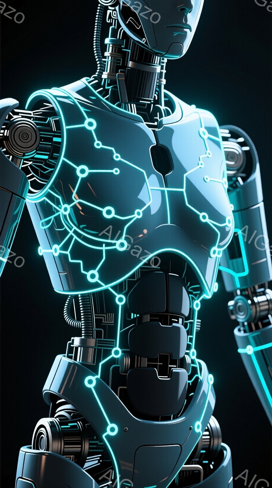 この画像は、未来的なロボットのトルソのクローズアップです。ロボットのボディは光沢のある黒色で、青い発光回路が複雑に組み込まれています。背景は暗く、ロボットの先進的なデザインと技術的な雰囲気を際立たせて - AI生成フリー素材