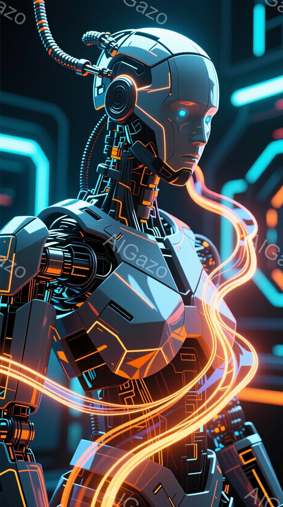 この画像は、複雑な機械構造を持つアンドロイドを描写しています。光沢のある金属製のボディは青とオレンジのラインで強調され、未来的な雰囲気を醸し出しています。アンドロイドは前方をまっすぐ見据え、静止した姿勢で、その表情はどこか神秘的です。