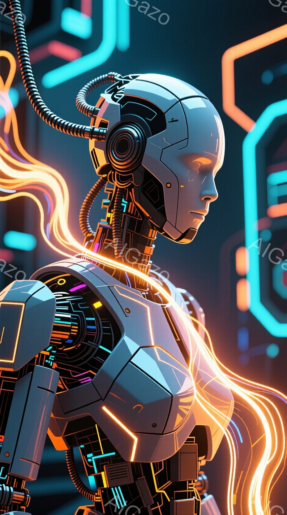 この画像は、未来的なロボットの女性のポートレートです。彼女は白を基調とした複雑な機械構造の身体を持ち、頭部には配線が繋がっています。背景にはネオンカラーの幾何学模様が光り、サイバーパンク的な雰囲気を醸し出しています。