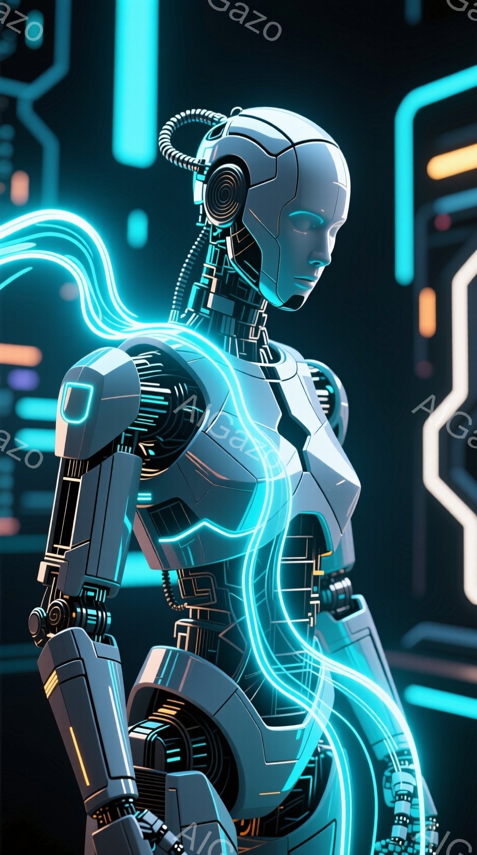 この画像は、未来的なロボット女性の半身像で、滑らかな銀色の装甲と、青く光る複雑な内部構造が特徴です。彼女はわずかに振り返り、鋭い視線で何かを見つめており、その姿勢は自信と警戒心を漂わせています。背景には青いネオンのような光の線が走る未来的なインターフェースが描かれ、全体的にクールでテクノロジー感あふれる雰囲気を醸し出しています。