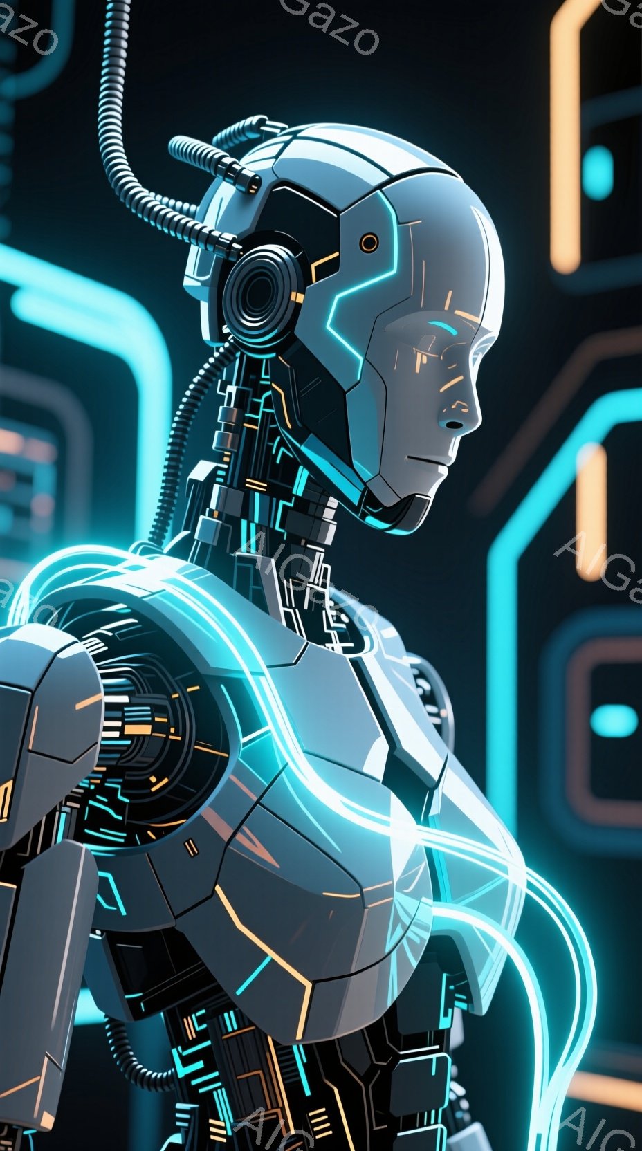 この画像は、未来的なロボットのバストアップです。白を基調とした滑らかな曲線を描くボディには、青い発光ラインが走っており、メカニカルなディテールが強調されています。背景は暗く、青いネオンライトのようなラ - AI生成フリー素材