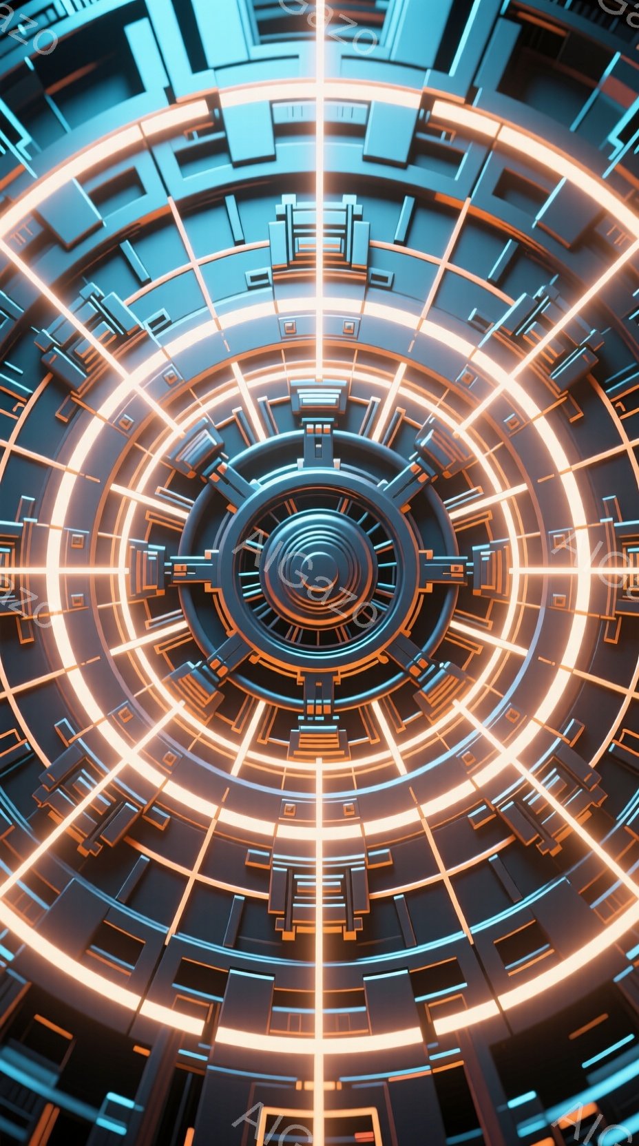 この画像は、複雑な機械構造の円形の構成要素を中心に描かれています。暗いグレーと黒の金属的な素材で構成され、中央から放射状に伸びる光るオレンジ色のラインが特徴的です。全体的に未来的でテクノロジー感あふれる雰囲気であり、精密さと力強さを感じさせます。