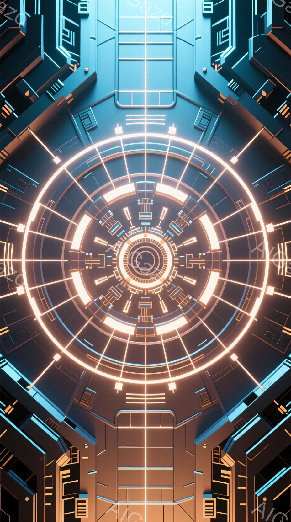 画像は、未来的な円形の構造物を中心とした、高精細なデジタルアートです。青とオレンジのネオンライトが複雑なパターンで輝き、中央の円形構造は複数のリングと幾何学的なデザインで構成されています。全体的に、科学技術と未来都市の雰囲気を醸し出し、先進的で洗練された印象を与えます。