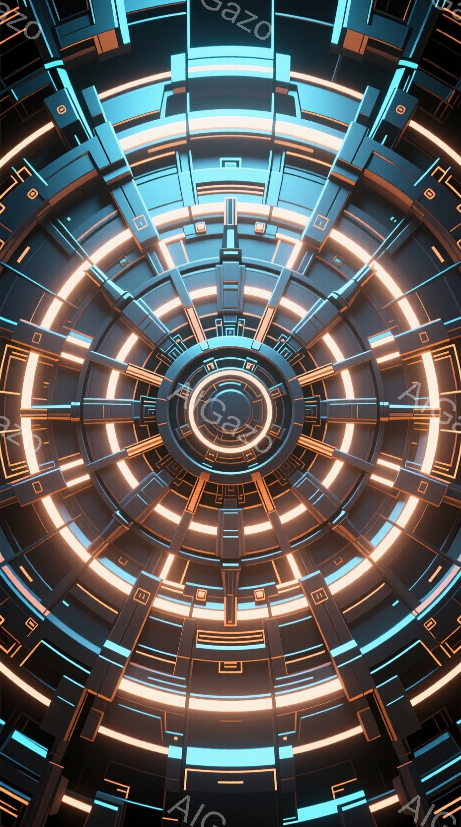 画像は、複雑な円形の構造が中心に配置された、未来的なテクノロジーを表現した抽象的なアート作品です。濃いグレーの背景に、明るいオレンジ色の発光するラインが同心円状に配置され、深みと奥行きを生み出しています。全体的に、洗練された、そしてどこか冷たい印象を与える、サイバーパンク的な雰囲気が漂います。