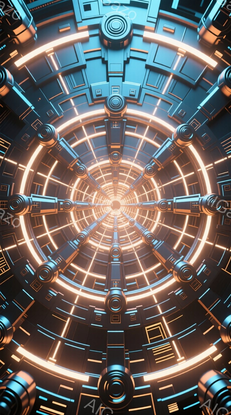 この画像は、複雑な機械的な構造のトンネルのようなものを捉えています。中心に向かって収束する光の輪が、未来的なデザインを強調し、暗い背景と組み合わせて、神秘的でサイバーパンクな雰囲気を醸し出しています。複雑な金属製のフレームと鮮やかなオレンジ色の光が、見る者を没入感のある空間へと誘います。