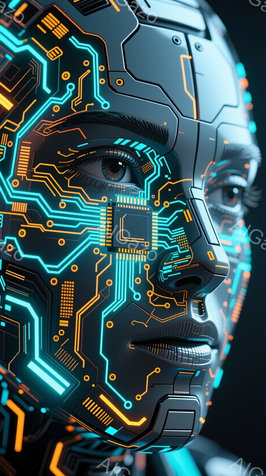 この画像は、回路基板のようなパターンが顔全体に描かれた人物のクローズアップです。鮮やかなネオンブルーとオレンジ色のラインが複雑に絡み合い、未来的なサイバーパンクの雰囲気を醸し出しています。目は一つだけ - AI生成フリー素材