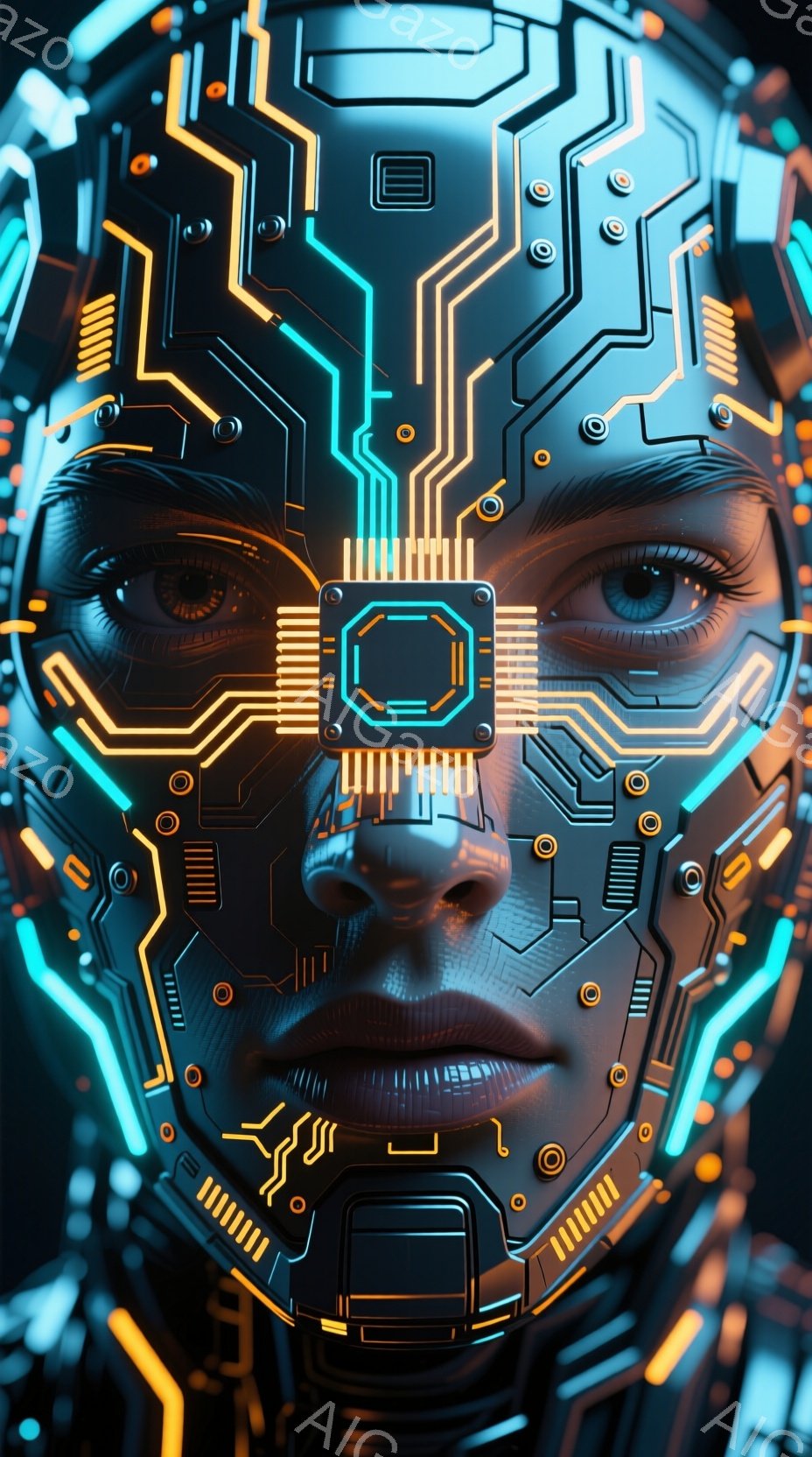 この画像は、顔全体が電子回路で覆われた女性のクローズアップです。回路は鮮やかな青とオレンジ色で光り、未来的な印象を与えます。彼女の表情は穏やかで、その目は深い青色をしており、どこか神秘的な雰囲気を醸し出しています。