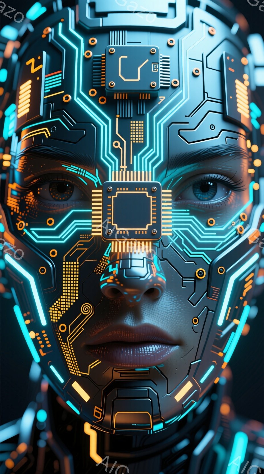 この画像は、未来的なサイバーパンク風の女性の顔のクローズアップです。顔全体が複雑な回路と光る青とオレンジ色のラインで覆われており、機械的な印象を与えます。目は大きく、現実的で、表情は穏やかで神秘的です - AI生成フリー素材