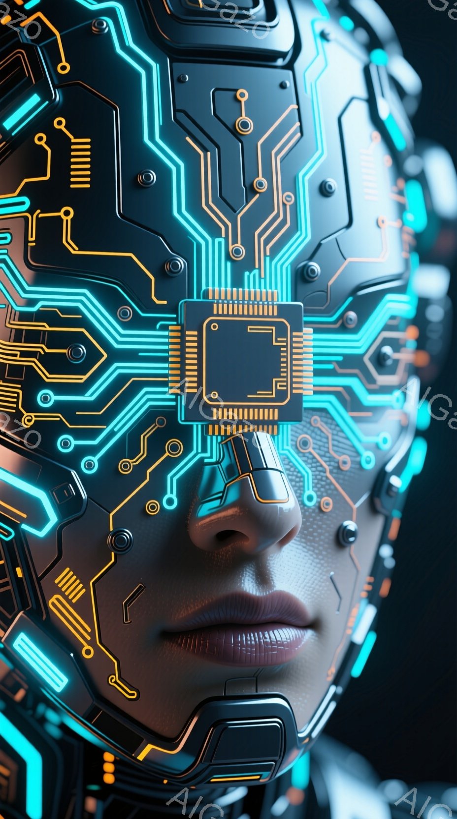 この画像は、未来的な回路パターンで覆われた女性の顔のクローズアップです。彼女の肌は滑らかで、回路は明るい青色で発光しており、高科技な印象を与えます。背景は暗く、焦点は顔に絞られており、サイバーパンクや人工知能を連想させる、神秘的で洗練された雰囲気を醸し出しています。