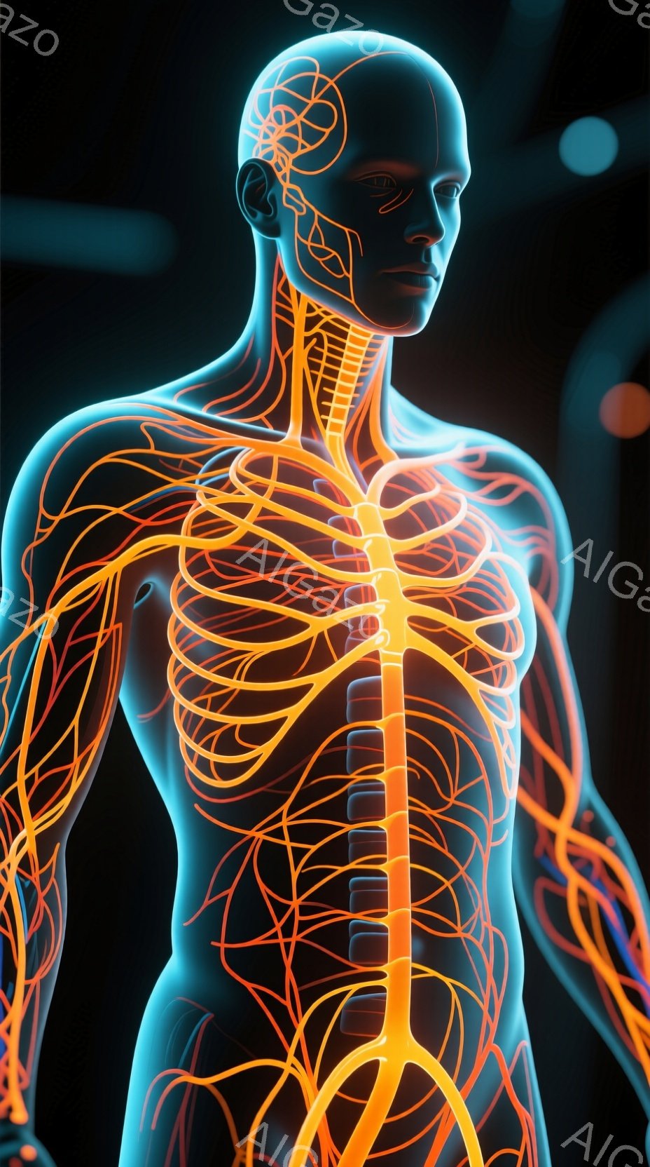この画像は、青色の半透明の男性の身体の解剖学的構造を示しており、血管や神経が鮮やかなオレンジ色で強調されています。彼は正面を向き、わずかに下を見つめており、姿勢は静止しています。背景は暗く、ぼやけた光点がいくつかあり、身体の内部構造に焦点を当てた未来的な雰囲気を作り出しています。
