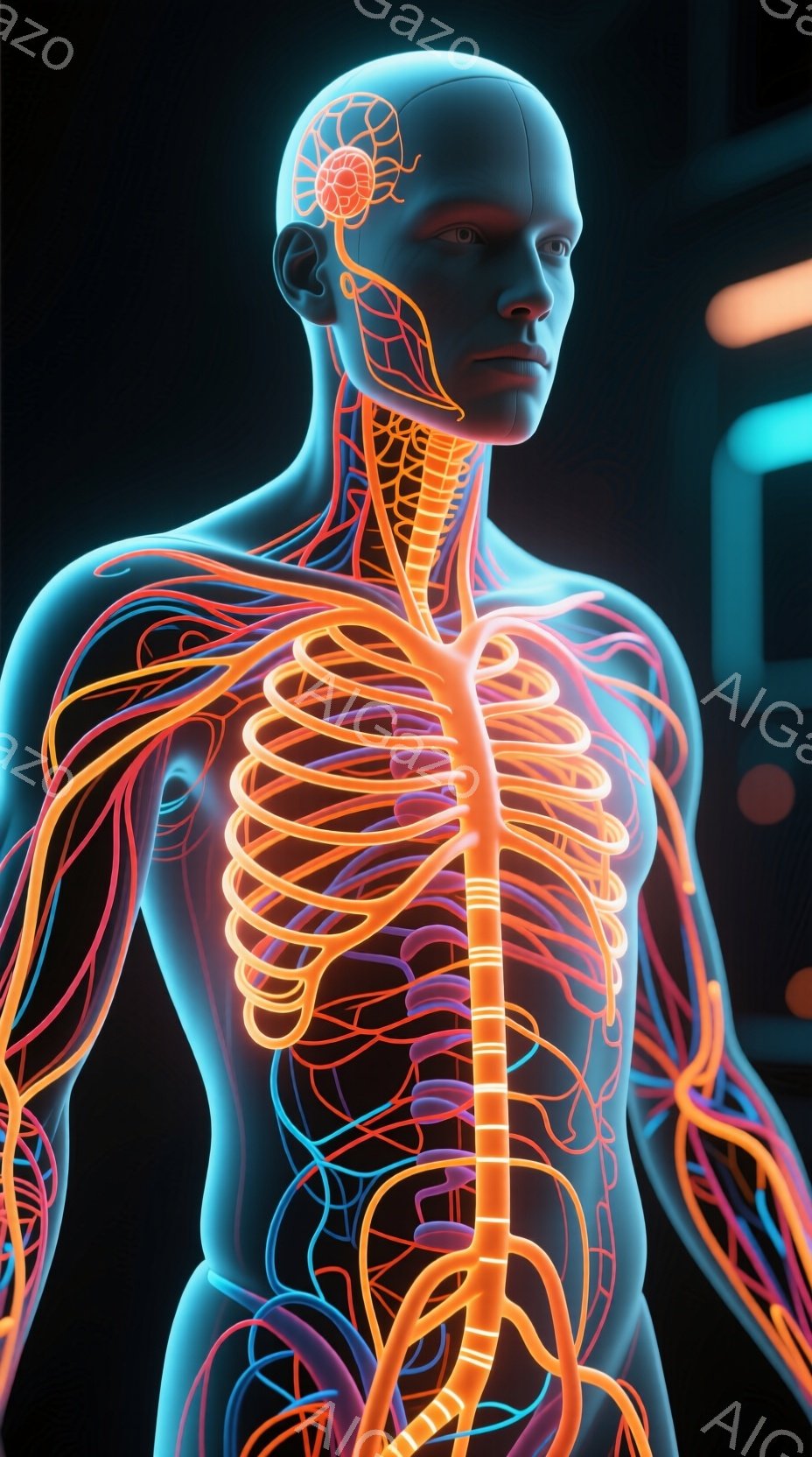 鮮やかなターコイズブルーの肌を持つ男性のトルソーが描かれており、体内の血管や神経系がオレンジ色と青色の発光線で複雑に表現されている。顔は無表情で、未来的な背景にはぼやけた構造物が見え、全体的に科学的で幻想的な雰囲気を醸し出している。この画像は、人体の内部構造を視覚化したもので、医療や生命科学の分野を連想させる。