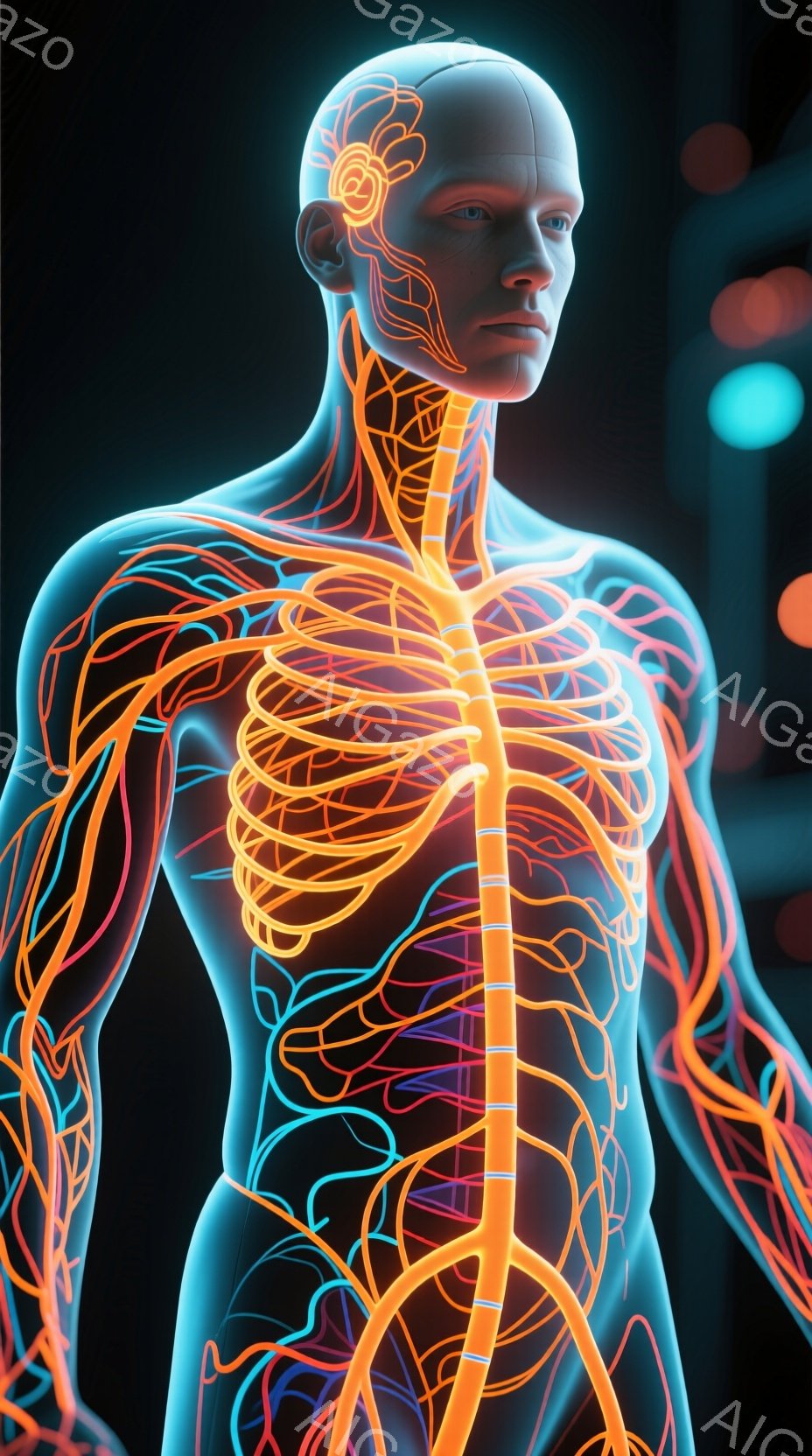 人間の体の内部構造を可視化した画像で、血管や神経がオレンジと青色の光で鮮やかに表現されています。体は筋肉質で、姿勢は正面を向き、わずかに顔を傾けています。背景は暗く、ぼやけた光点があり、体の内部構造が際立つように設計されています。