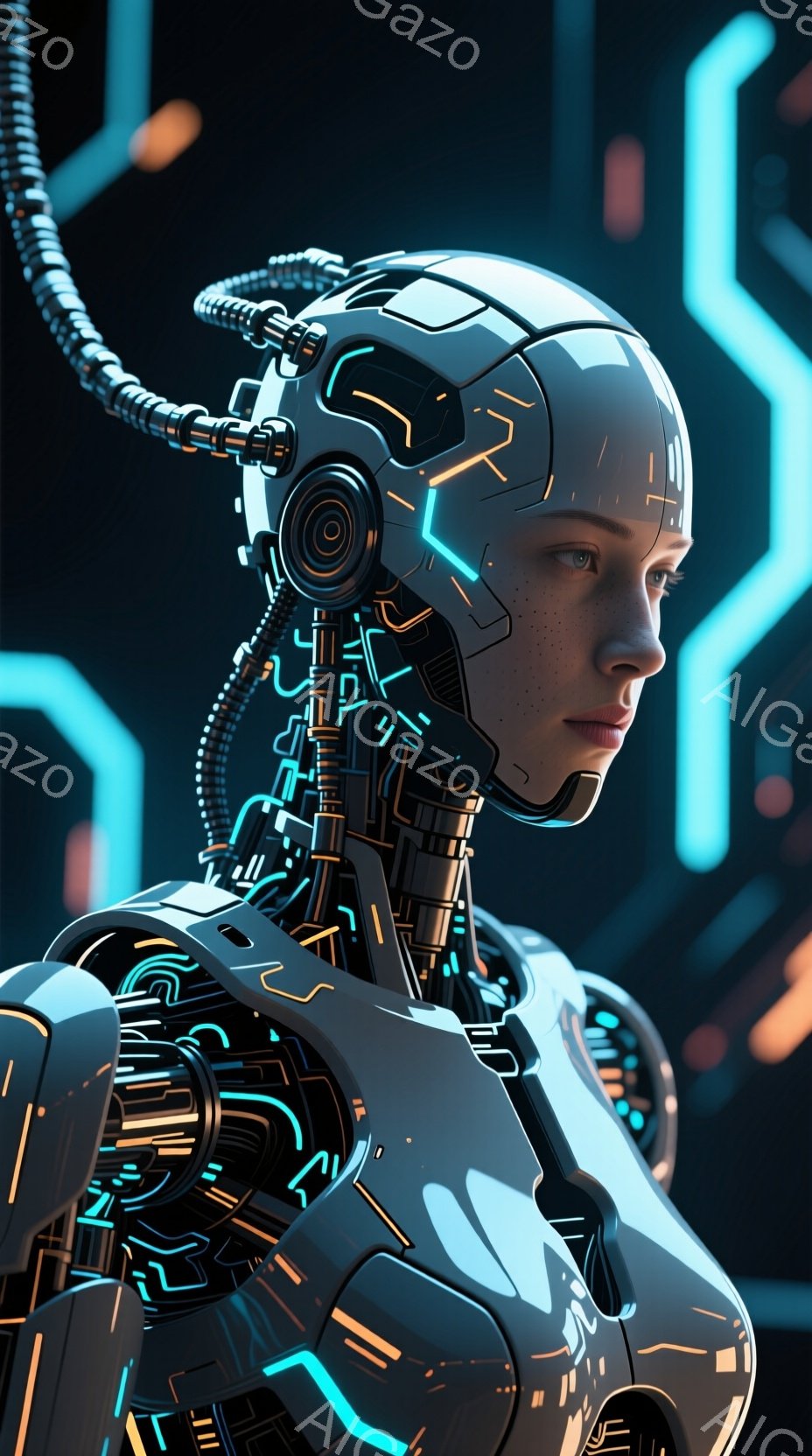 未来的なサイバーパンクの女性が描かれています。彼女は複雑な配線と金属製のパーツで構成されたヘルメットを被り、顔の一部は露出しています。背景には青色の光る線が描かれたデジタルな壁があり、近未来的な雰囲気を醸し出しています。