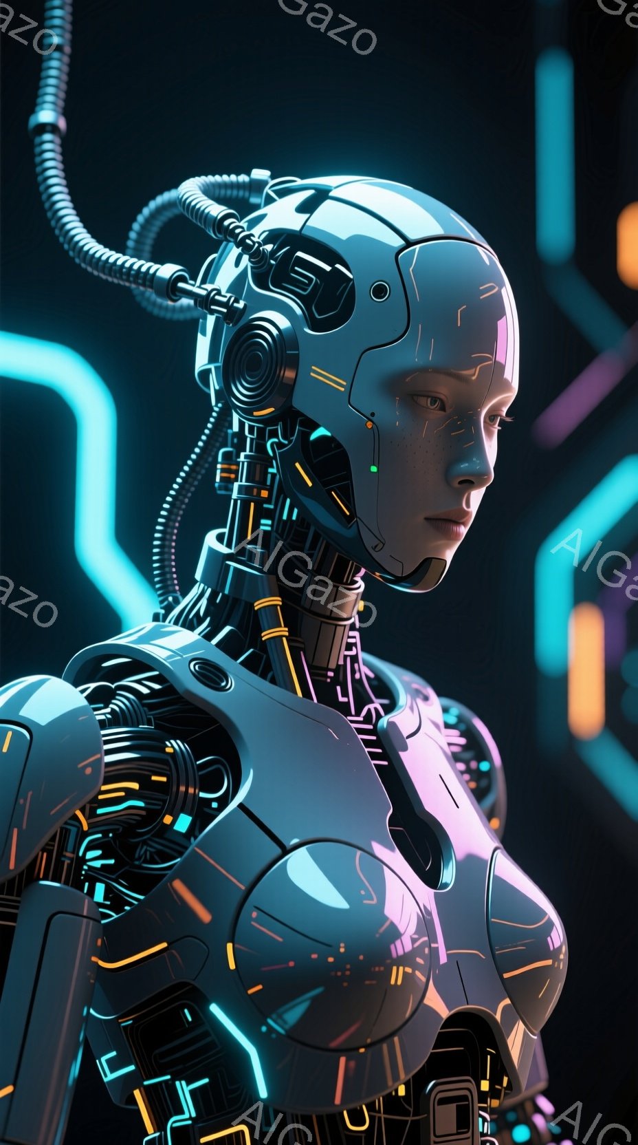 未来的なサイボーグ女性が描かれています。彼女は、複雑な配線と機械的な構造が組み込まれた白い装甲を身に着けており、表情はどこか憂いを帯びています。背景には、ネオンカラーの幾何学模様が光り、近未来的な雰囲気を強調しています。