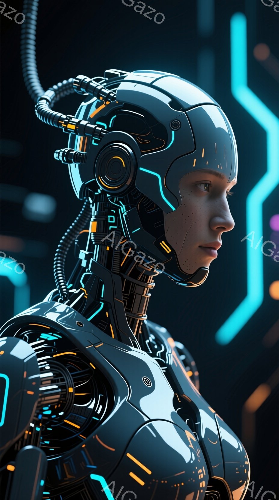 未来的なヘルメットとボディスーツを身に着けた女性が描かれています。ヘルメットは青い発光線で装飾され、顔はわずかに横を向いており、冷たく落ち着いた表情をしています。背景には、青いラインが幾何学的に光る未来的な空間が広がっており、テクノロジーと神秘的な雰囲気が漂っています。