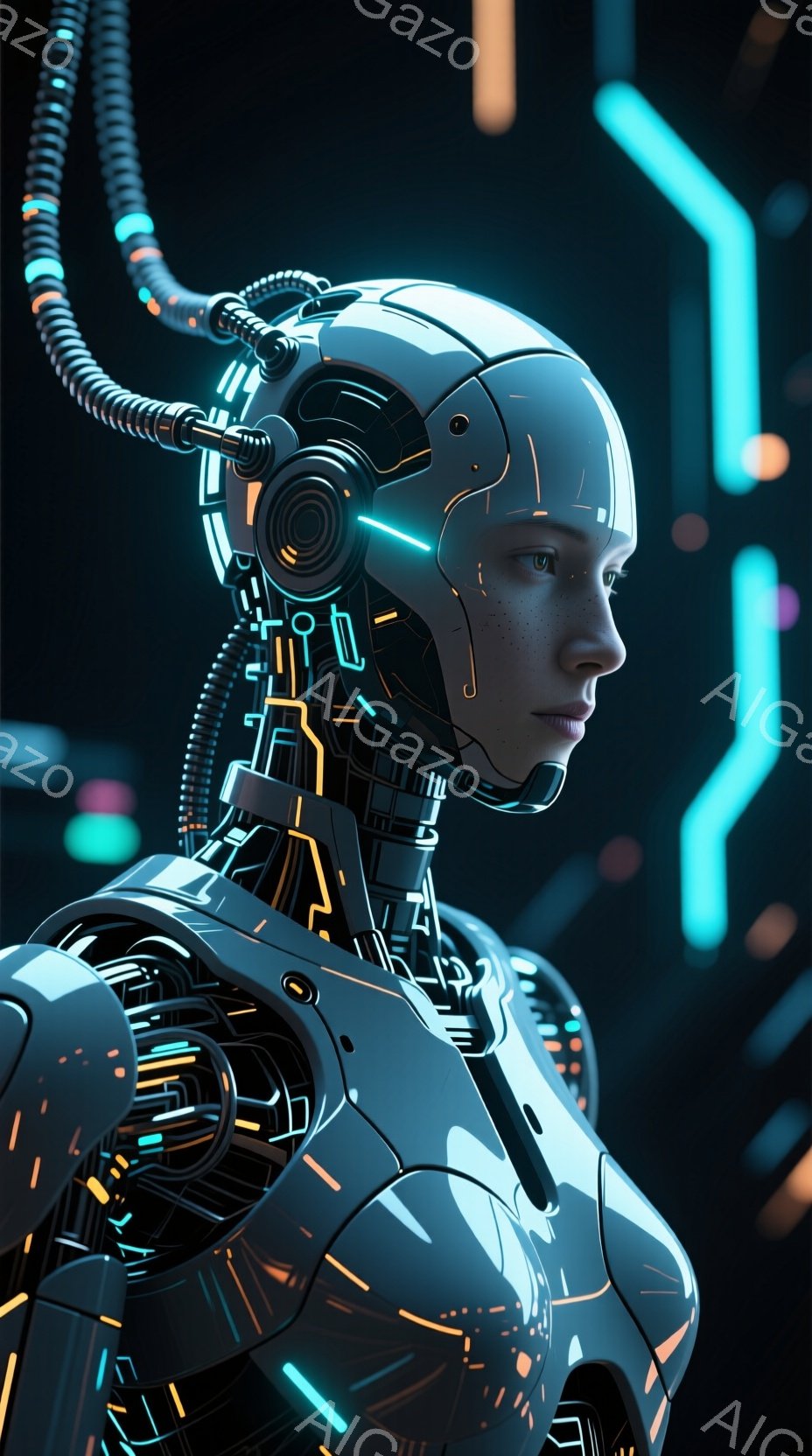 画像は未来的な女性サイボーグのポートレートで、白と青の光るメカニカルな構造が特徴です。彼女は前方を凝視しており、表情は穏やかで、サイバーパンクな雰囲気を醸し出しています。背景には青色の発光する線が描かれ、ハイテクで未来的な世界観を強調しています。