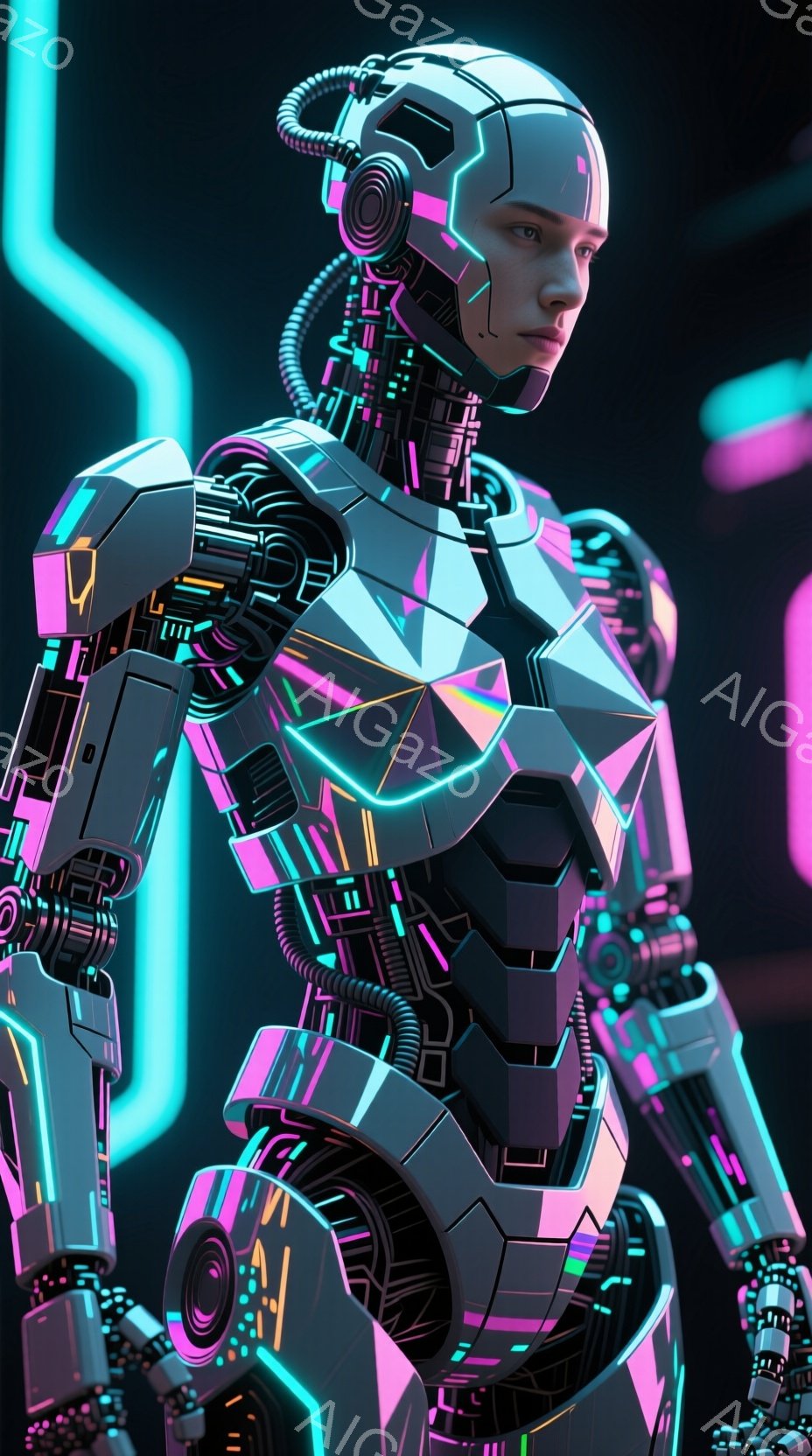 未来的なサイバーパンク風の女性が描かれています。彼女は複雑なメカニカルなアーマーを身に着け、蛍光色の青とピンクのラインが特徴的です。表情はクールで冷静、そして未来的な世界観を彷彿とさせる雰囲気です。 - AI生成フリー素材