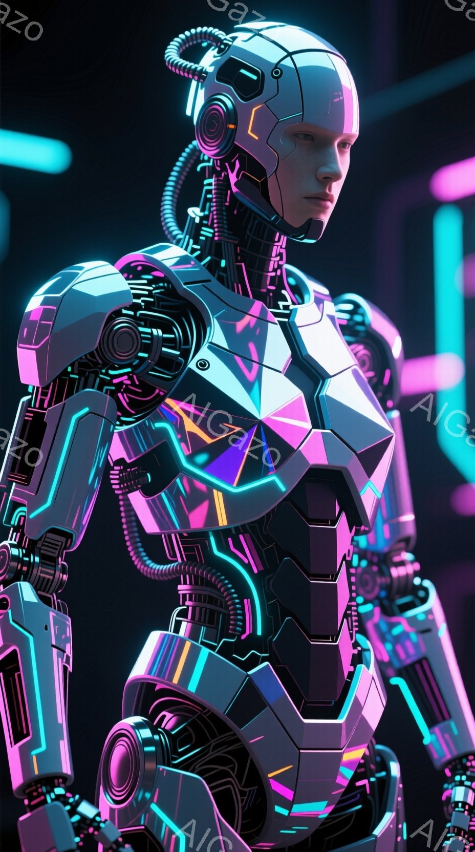 この画像は、未来的なサイバーパンク風の女性の全身像を描いています。彼女は複雑な配線と光るラインで構成された、洗練されたメカニカルスーツを身に着け、顔は部分的に覆われ、冷たい表情をしています。背景は暗く、ネオンライトが走る抽象的な構造がぼやけて見え、未来都市の雰囲気を醸し出しています。