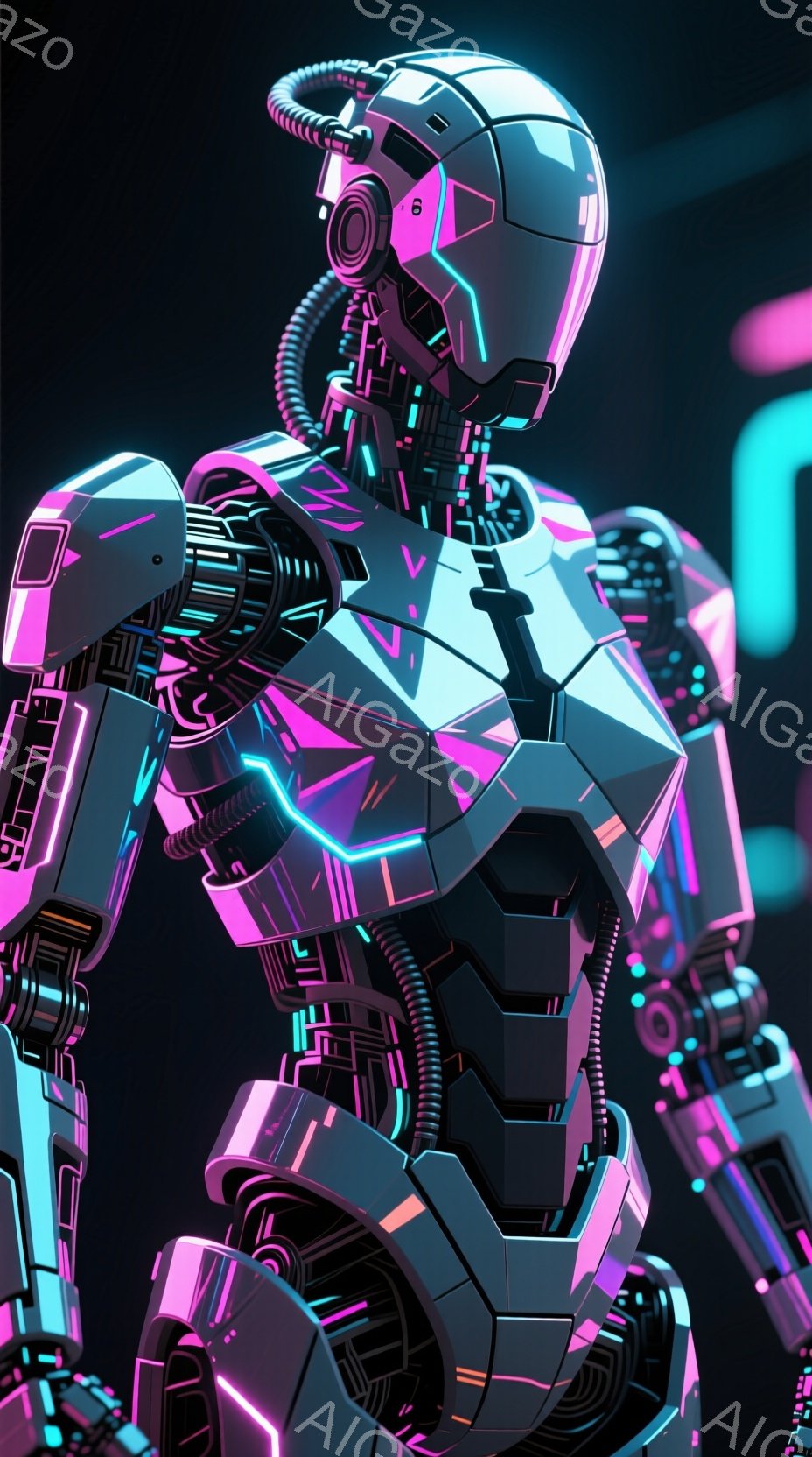 この画像は、未来的なサイバーパンク風のロボットの胸像です。ロボットは複雑な幾何学模様とネオンピンクとターコイズのラインで装飾された、洗練された金属製の鎧を着用しています。暗い背景に浮かび上がり、高科技で力強い雰囲気を醸し出しています。