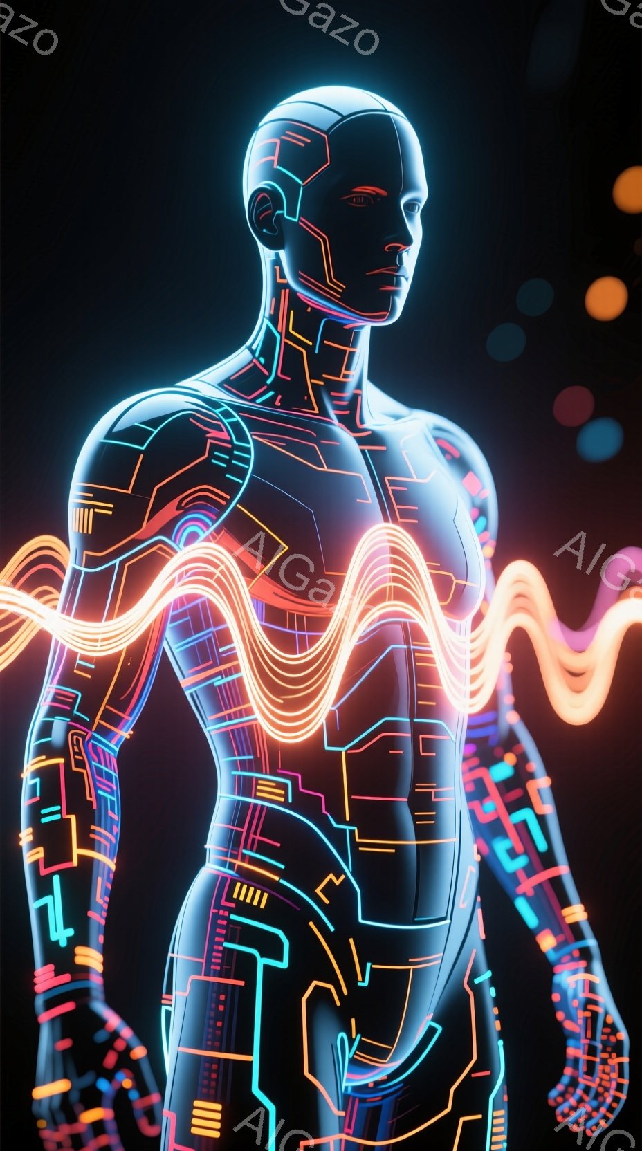 この画像は、未来的な回路模様が身体に刻まれた男性の姿を描いています。彼は片手を前に伸ばし、もう片手は身体の横に置いており、その姿勢は静かで力強い印象を与えます。背景は暗く、明るい色の点々が散りばめられており、SF映画のような、テクノロジーと生命が融合した雰囲気を醸し出しています。