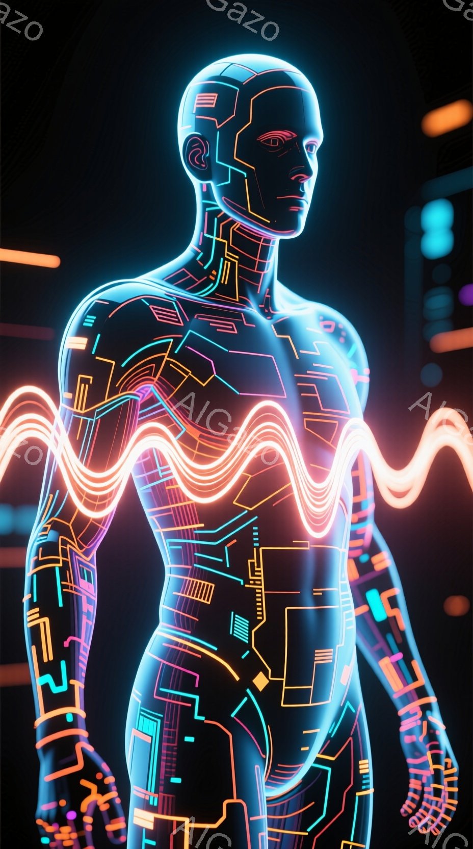 未来的な構造で構成された人間のシルエットが描かれています。体全体に光る回路のようなラインが走っており、まるでサイバーパンク風のロボットのようです。背景は暗く、回路ラインが光ることで、近未来的な雰囲気が - AI生成フリー素材