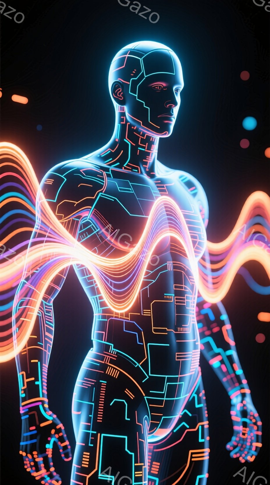 この画像は、未来的なサイバーパンク風の男性の姿を描いています。彼の体は、明るいネオンカラーの回路パターンで覆われており、エネルギーのような光の帯が彼の周りを包み込んでいます。背景は暗く、星のような小さ - AI生成フリー素材