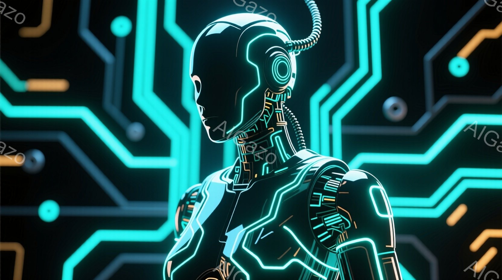 この画像は、未来的な青色の回路パターンを背景に、光るラインで構成された女性のサイボーグの側面像を描いています。彼女は、頭部に複雑なメカニカルな構造を持ち、肩と腕に幾何学的な装甲を身に着けています。全体的に、未来的なテクノロジーとサイバーパンクの雰囲気を醸し出しています。